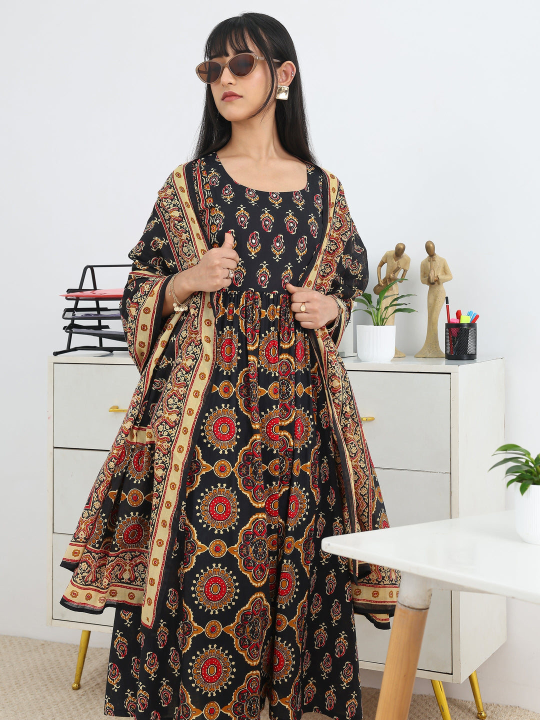  Black Printed Cotton Blend A-Line Suit Set With Dupatta 