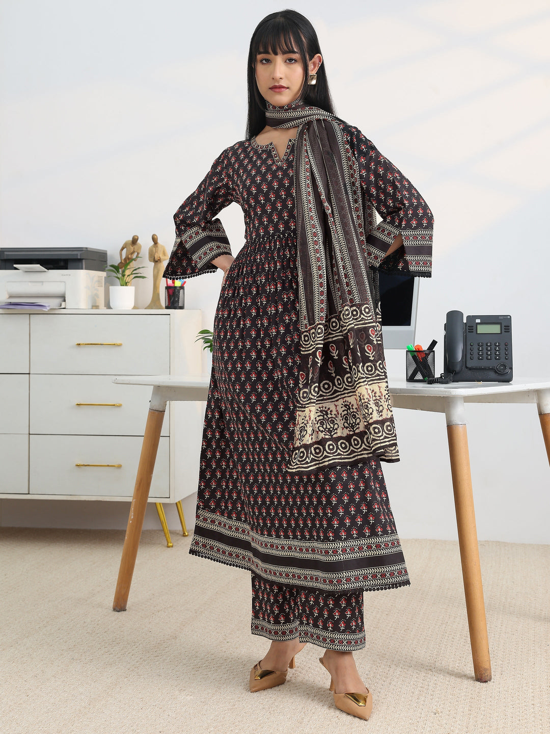  Black Printed Cotton Blend A-Line Suit Set With Dupatta 