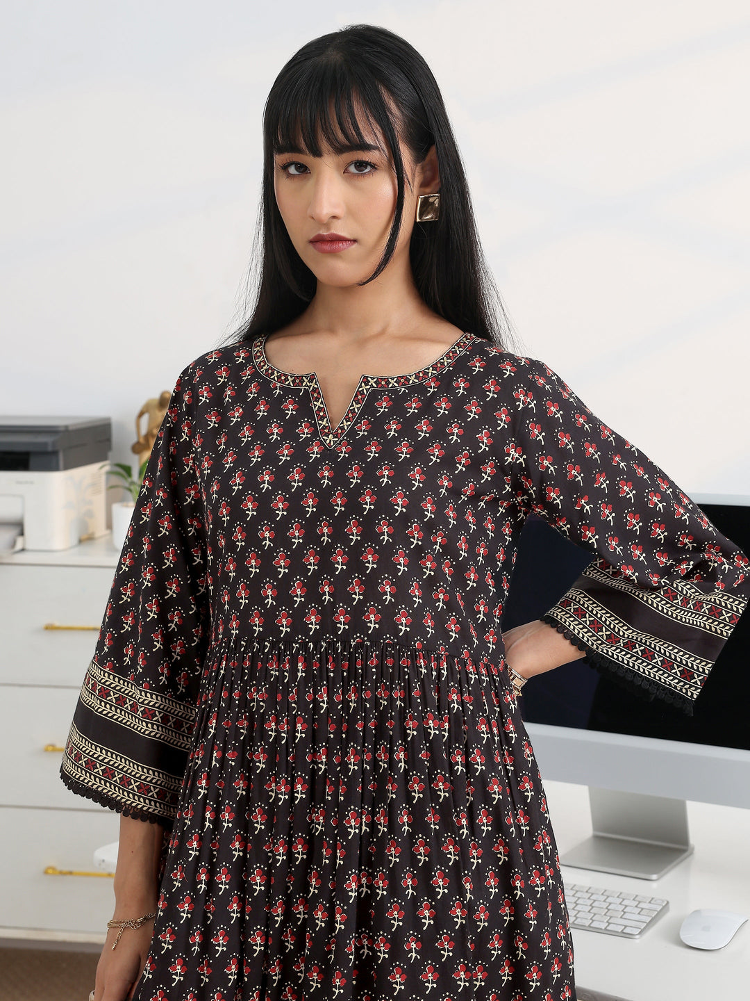  Black Printed Cotton Blend A-Line Suit Set With Dupatta 