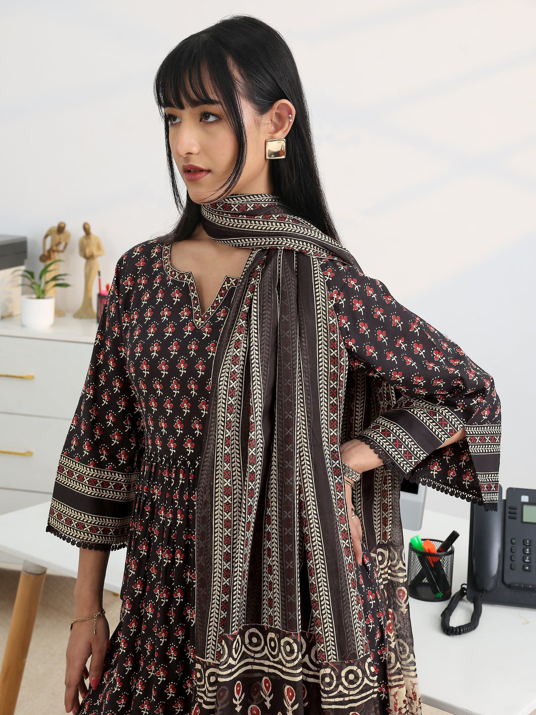  Black Printed Cotton Blend A-Line Suit Set With Dupatta 
