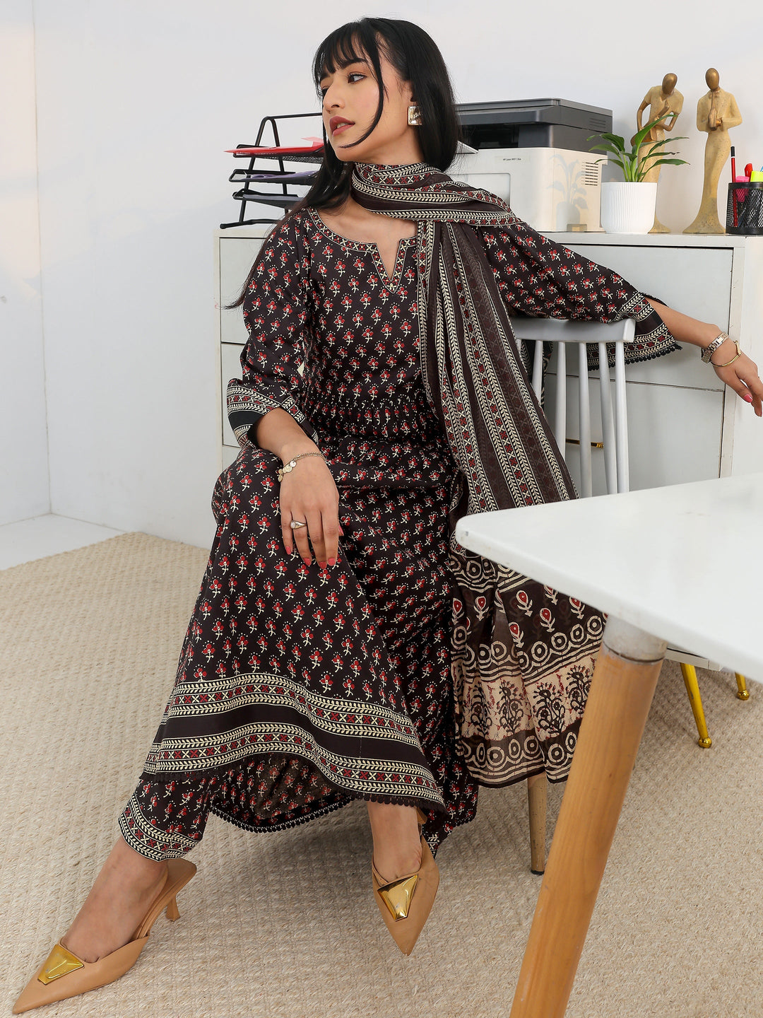  Black Printed Cotton Blend A-Line Suit Set With Dupatta 