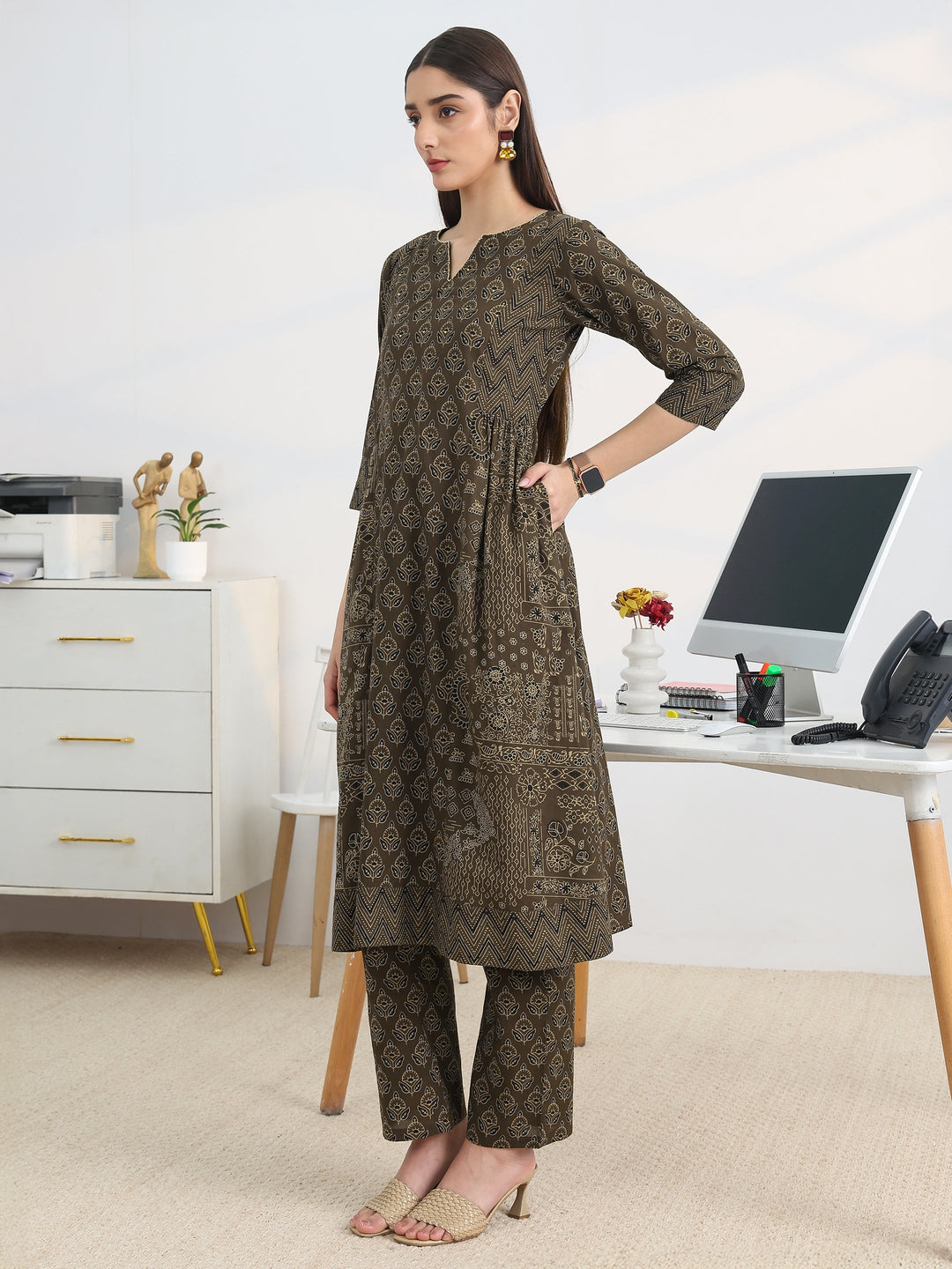  Brown Printed Cotton Blend A-Line Suit Set With Dupatta 