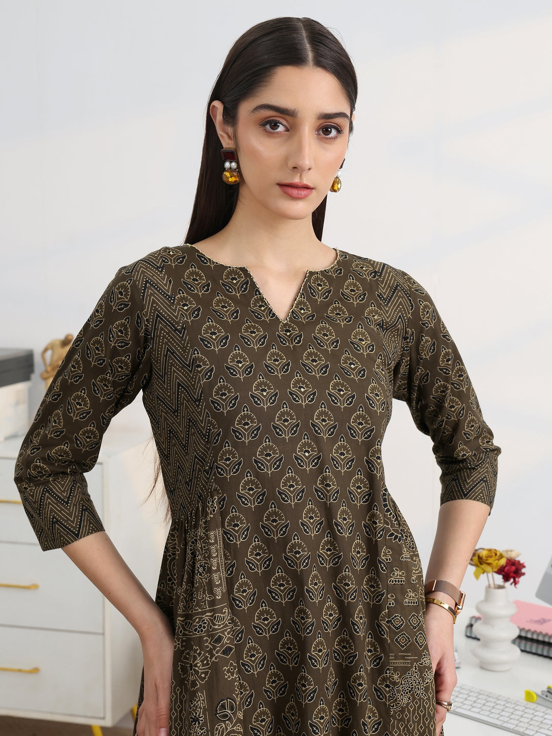  Brown Printed Cotton Blend A-Line Suit Set With Dupatta 