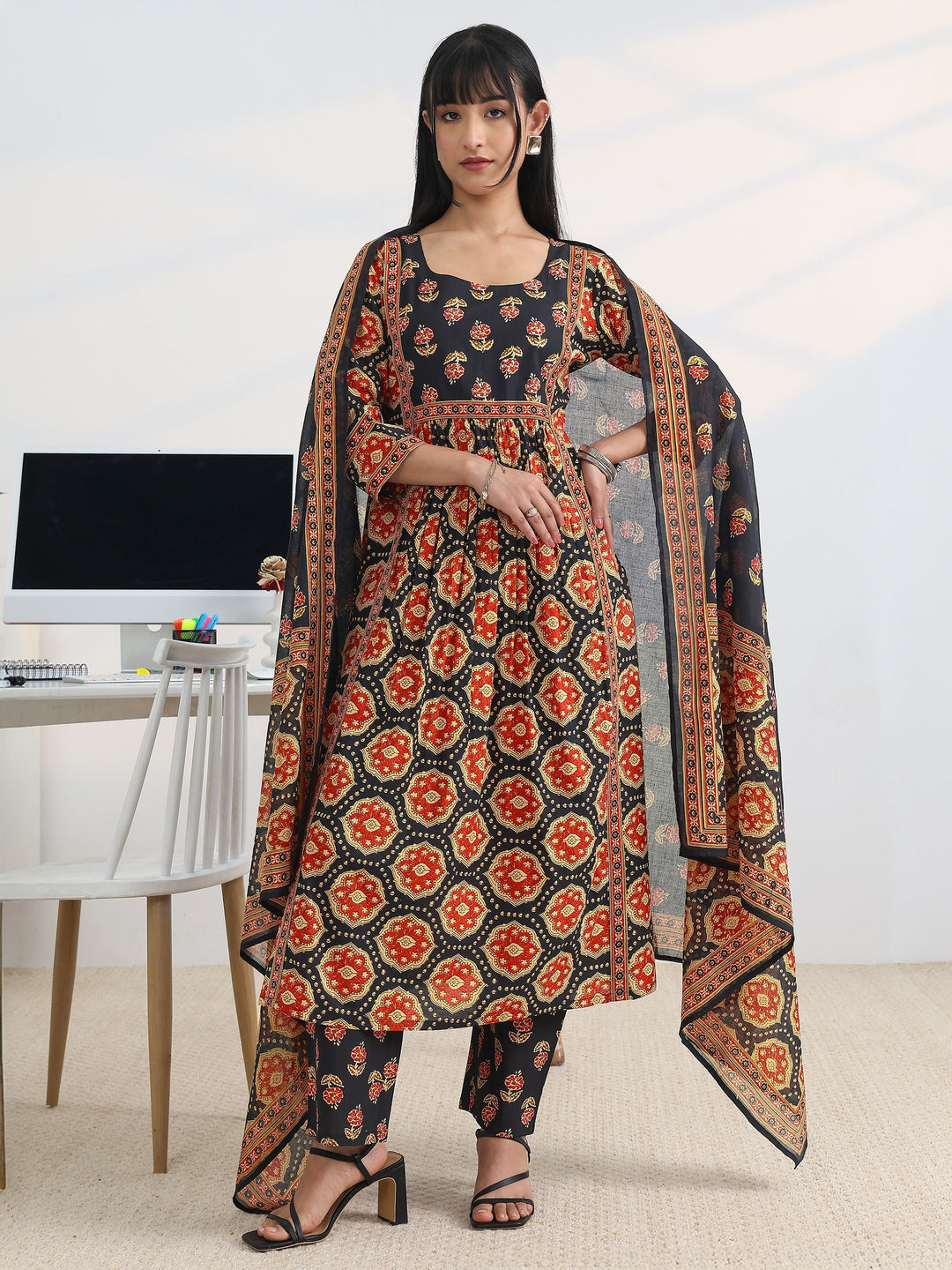  Black Printed Cotton Blend A-Line Suit Set With Dupatta 