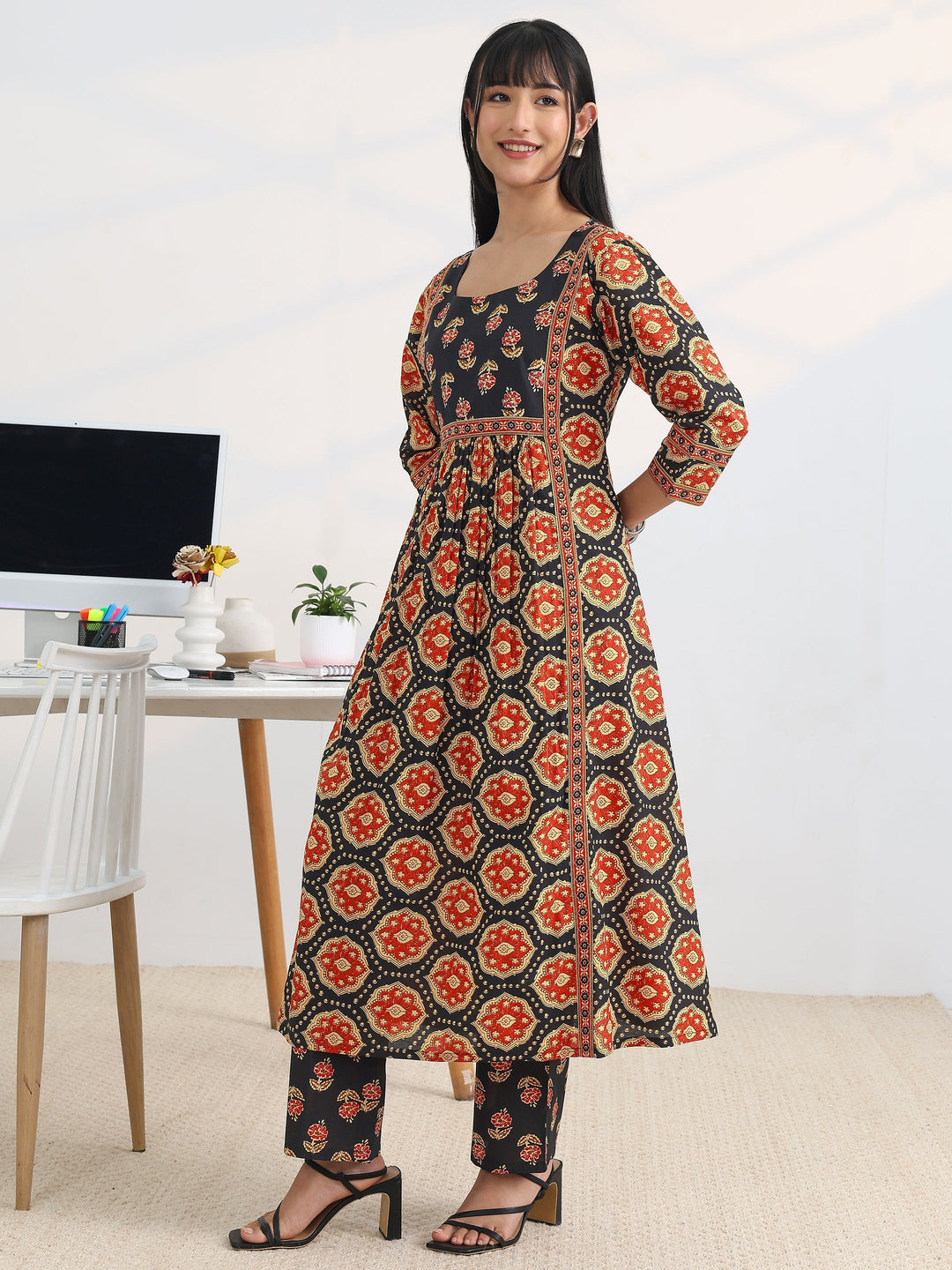  Black Printed Cotton Blend A-Line Suit Set With Dupatta 