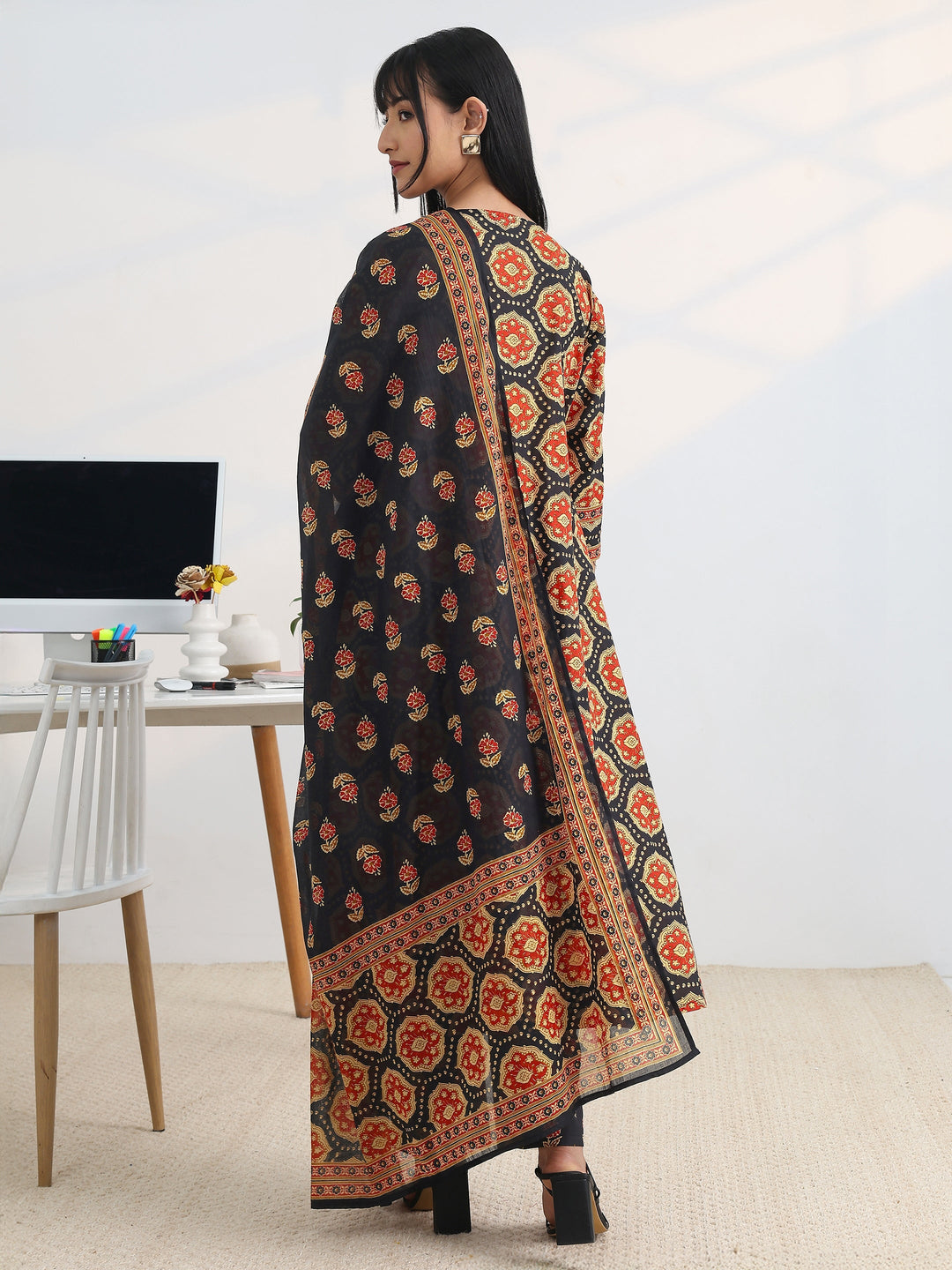  Black Printed Cotton Blend A-Line Suit Set With Dupatta 