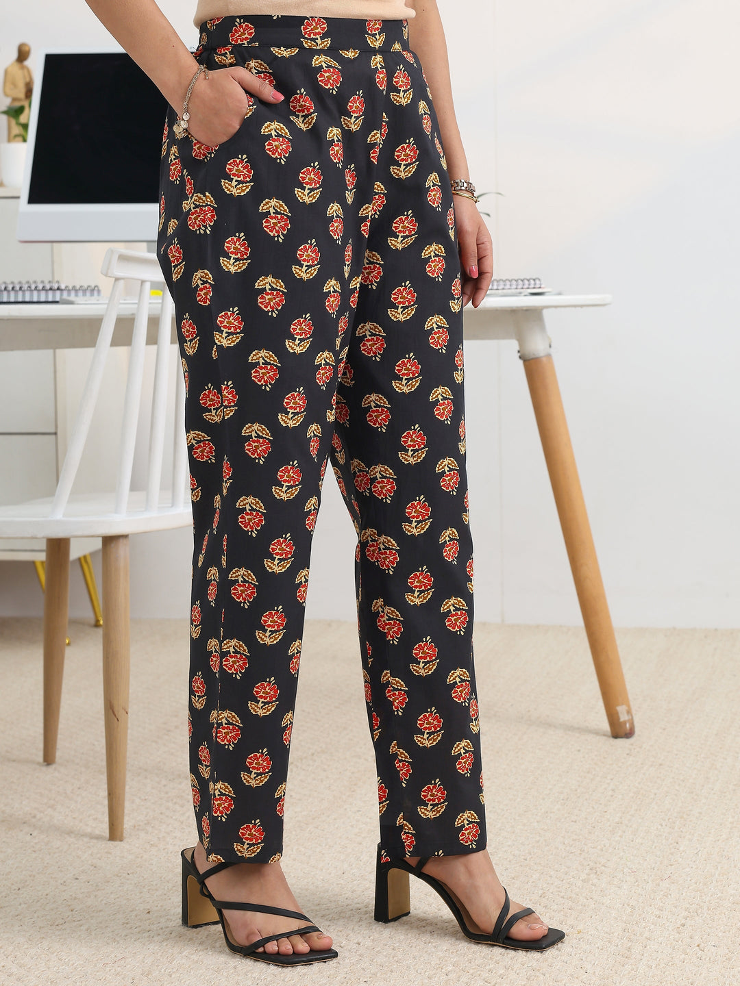  Black Printed Cotton Blend A-Line Suit Set With Dupatta 