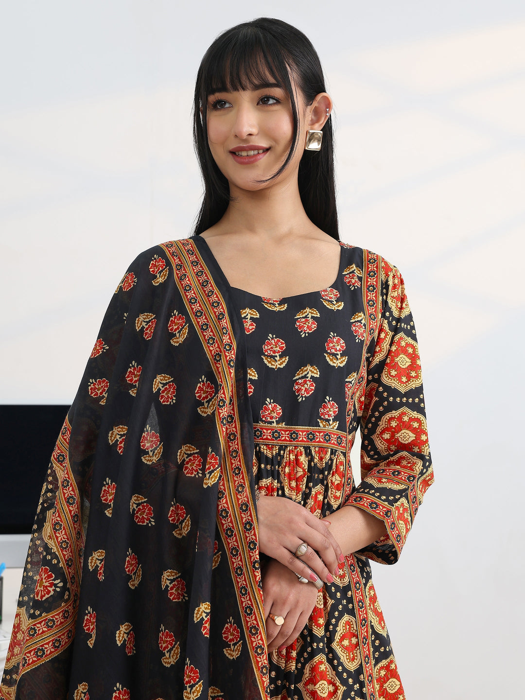  Black Printed Cotton Blend A-Line Suit Set With Dupatta 