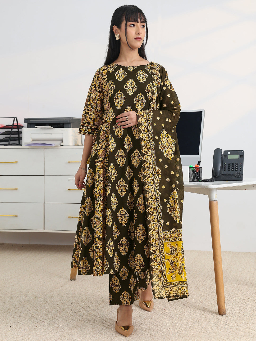  Black Printed Cotton Blend A-Line Suit Set With Dupatta 