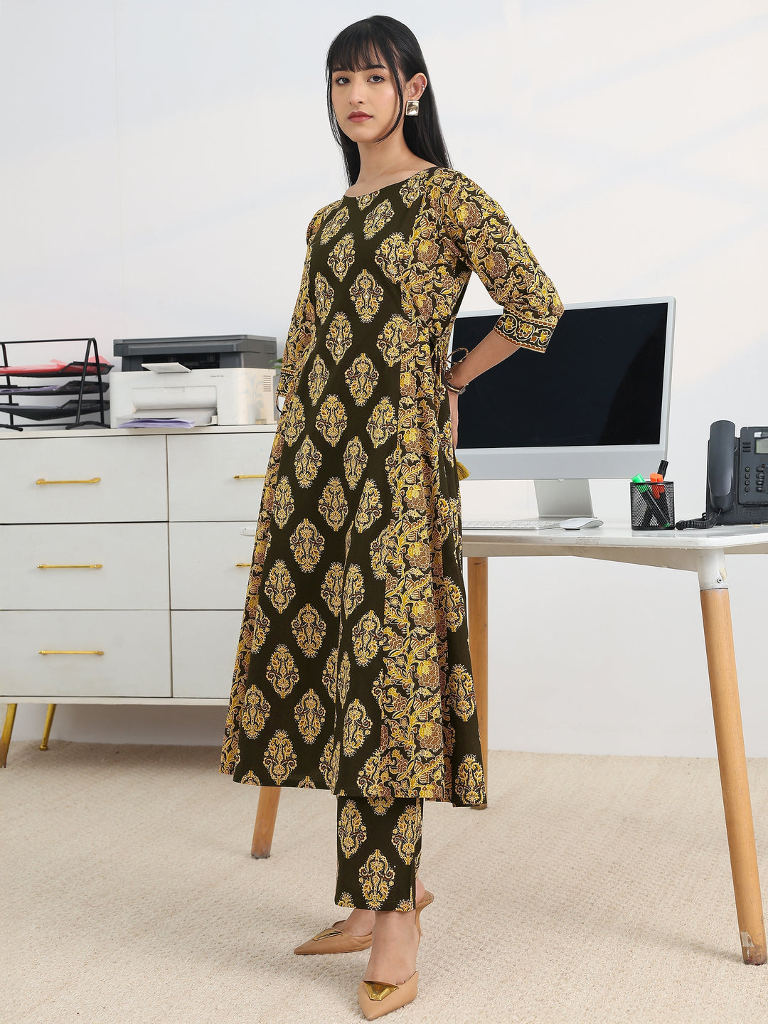  Black Printed Cotton Blend A-Line Suit Set With Dupatta 