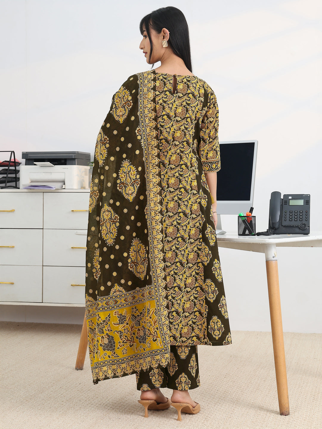  Black Printed Cotton Blend A-Line Suit Set With Dupatta 