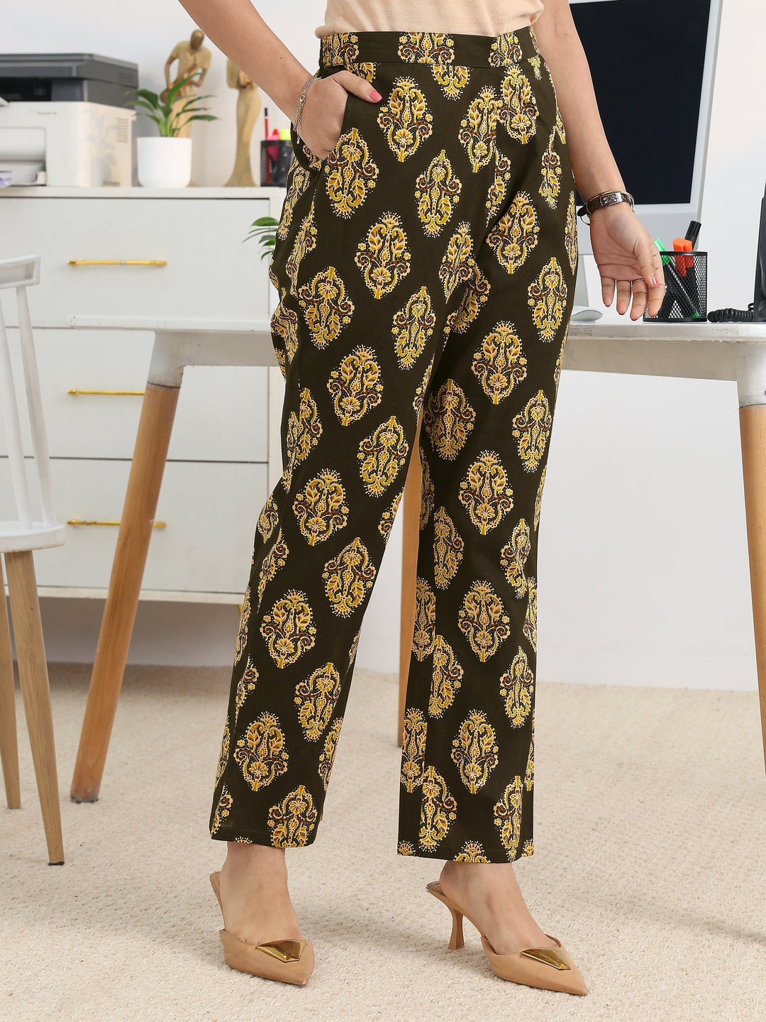  Black Printed Cotton Blend A-Line Suit Set With Dupatta 