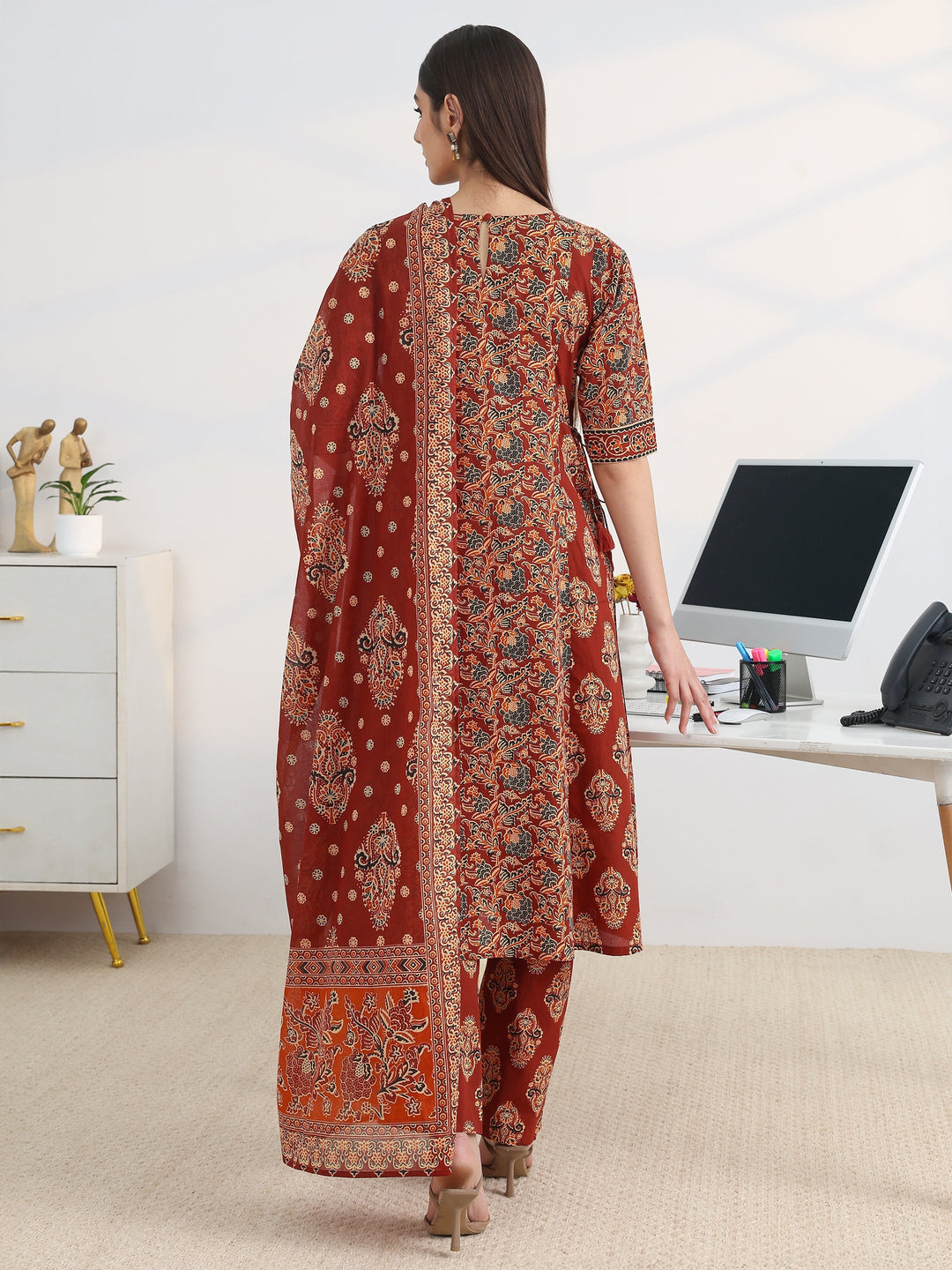  Rust Printed Cotton Blend A-Line Suit Set With Dupatta 