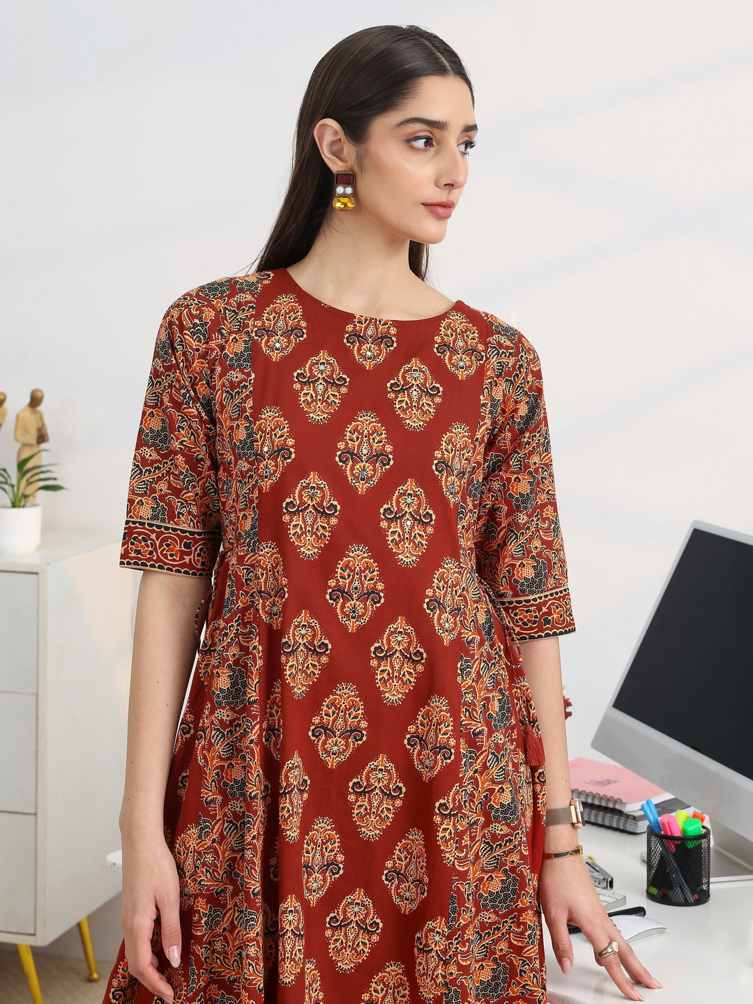  Rust Printed Cotton Blend A-Line Suit Set With Dupatta 