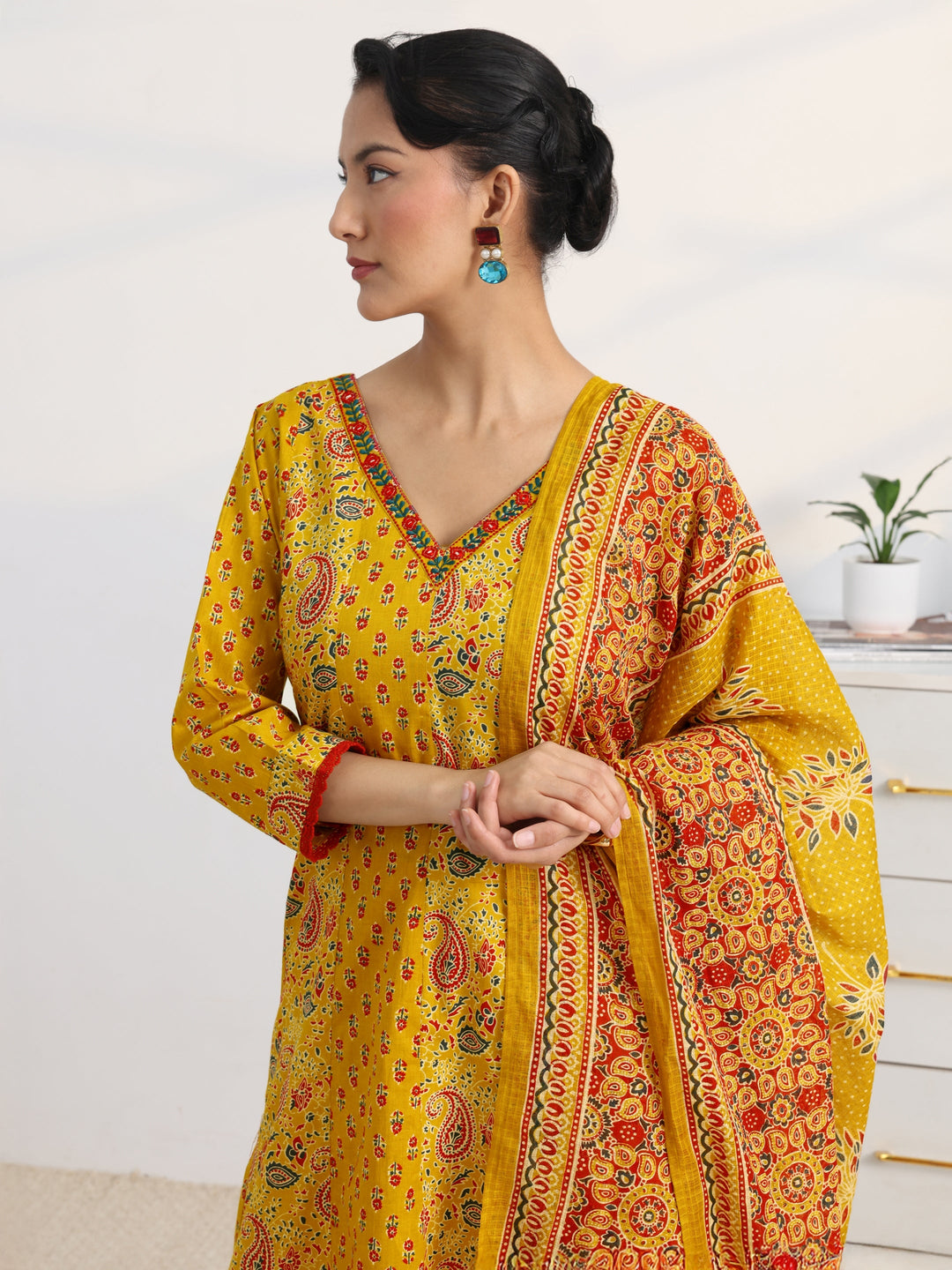  Mustard Paisley Printed Cotton Blend A-Line Suit Set With Dupatta 