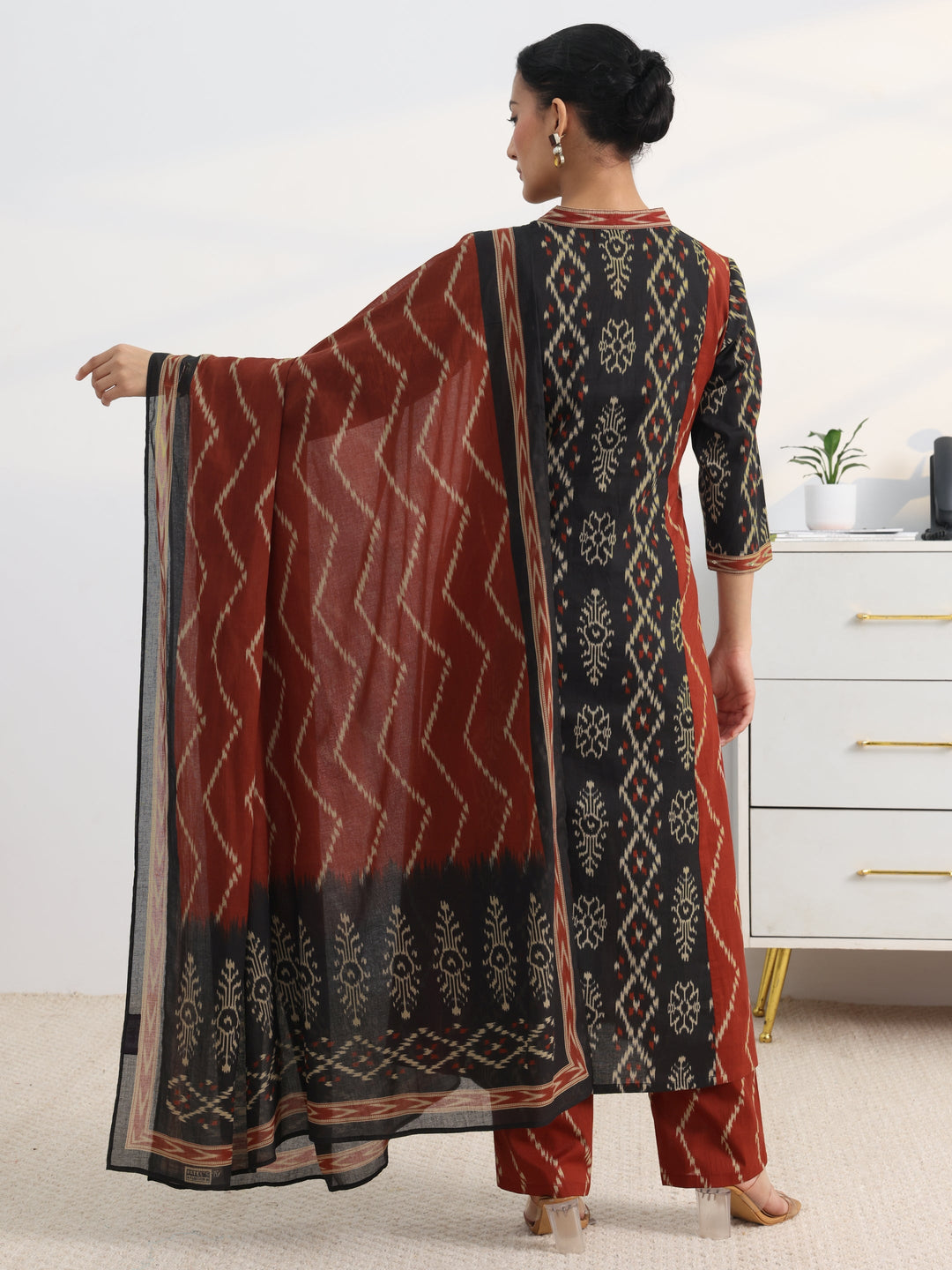  Black Printed Cotton Blend A-Line Suit Set With Dupatta 