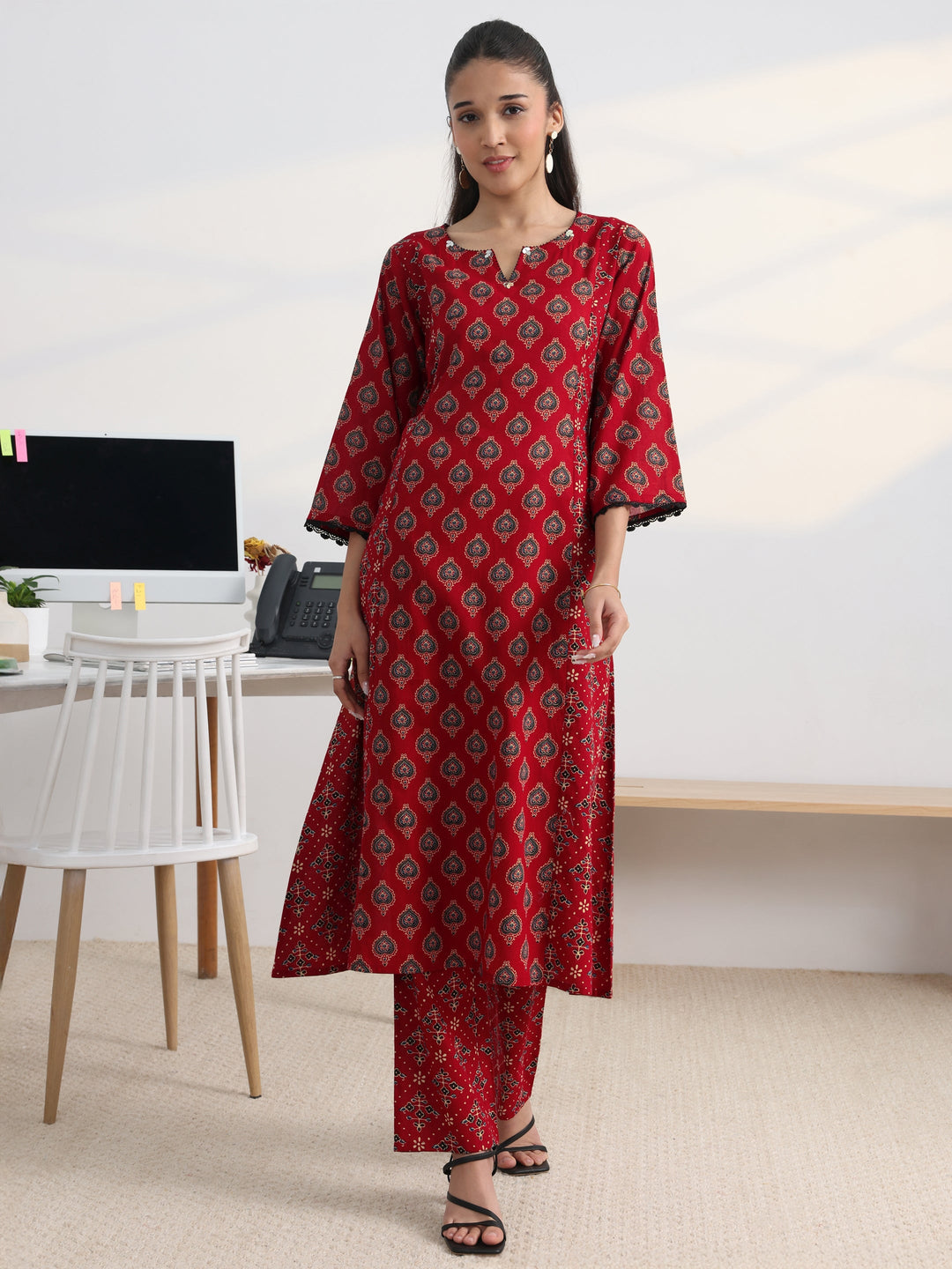  Red Printed Cotton Blend A-Line Kurta Set 