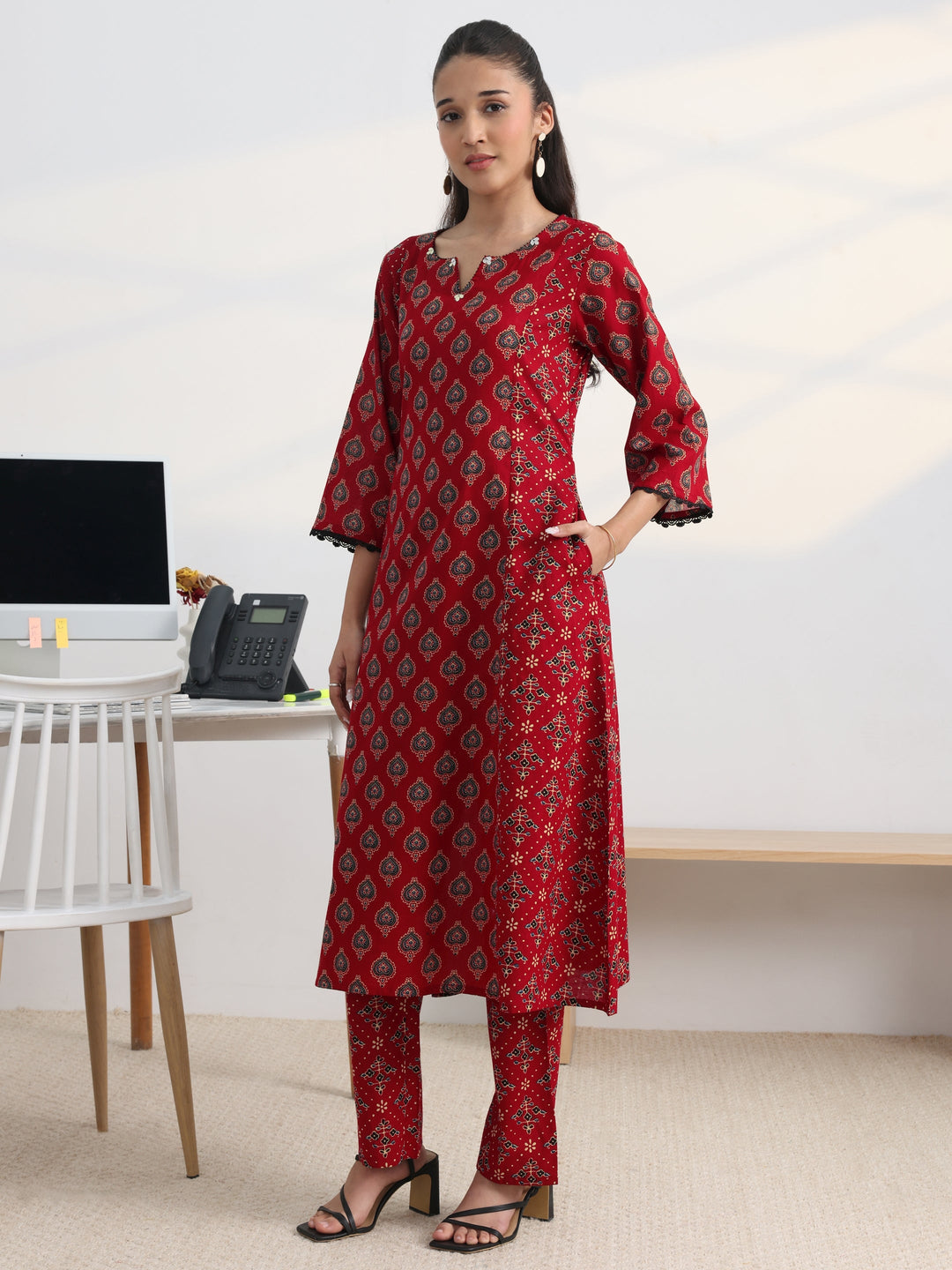  Red Printed Cotton Blend A-Line Kurta Set 