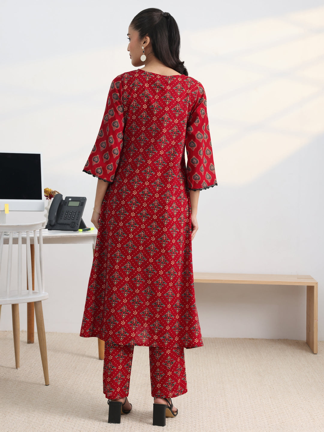 Red Printed Cotton Blend A-Line Kurta Set 