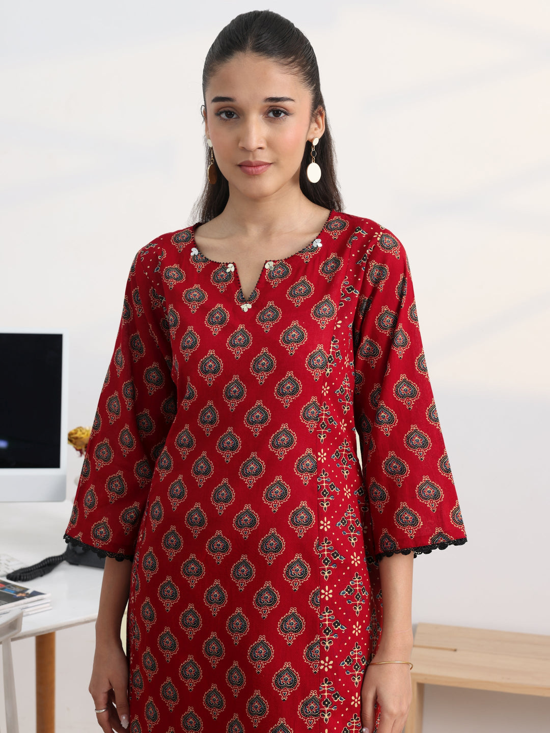  Red Printed Cotton Blend A-Line Kurta Set 