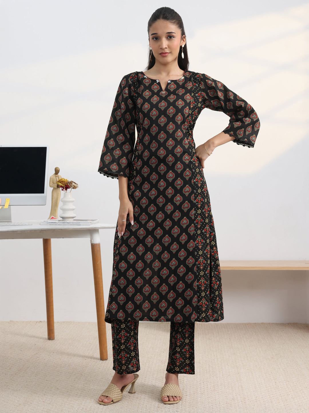  Black Printed Cotton Blend A-Line Kurta Set 