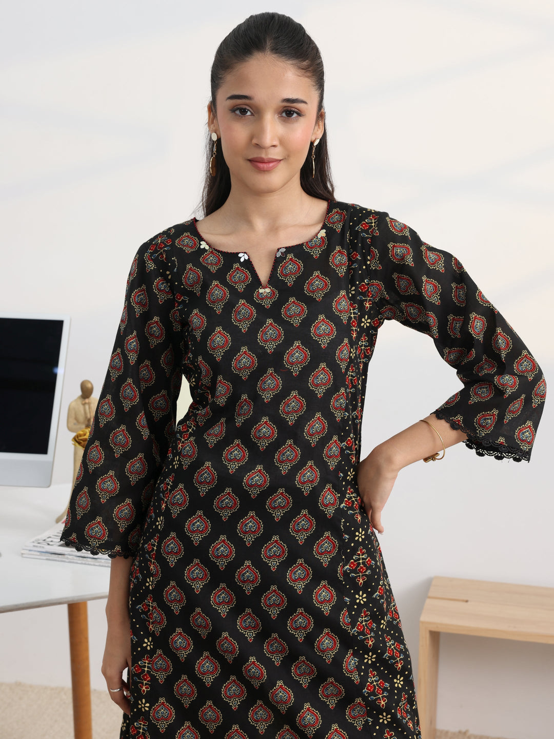  Black Printed Cotton Blend A-Line Kurta Set 
