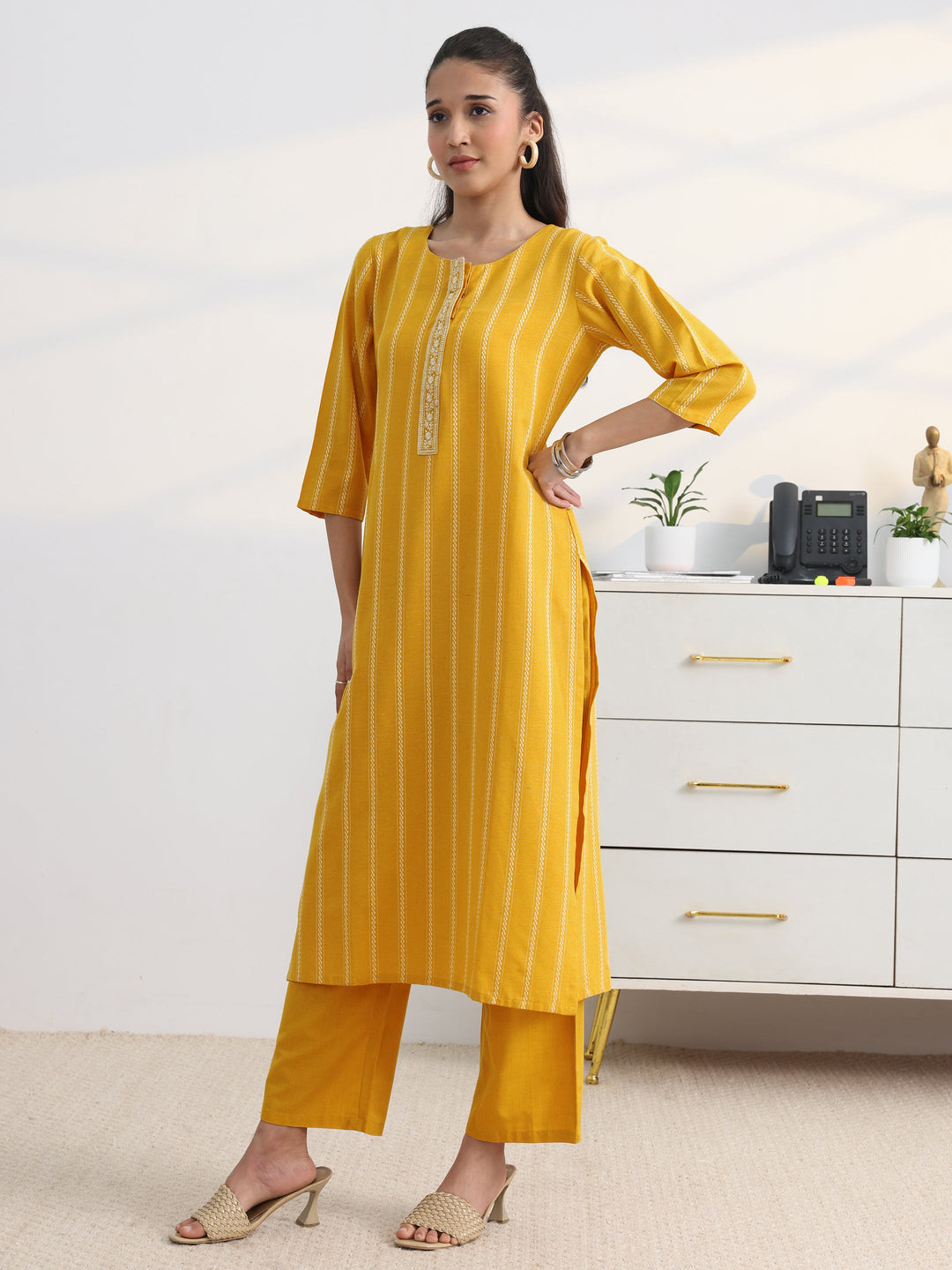  Yellow Striped Woven Design Cotton Blend Straight Suit Set With Dupatta 