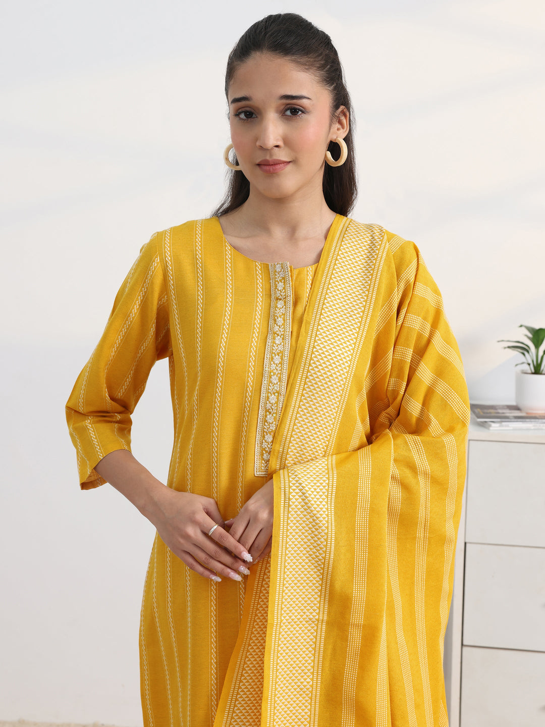  Yellow Striped Woven Design Cotton Blend Straight Suit Set With Dupatta 
