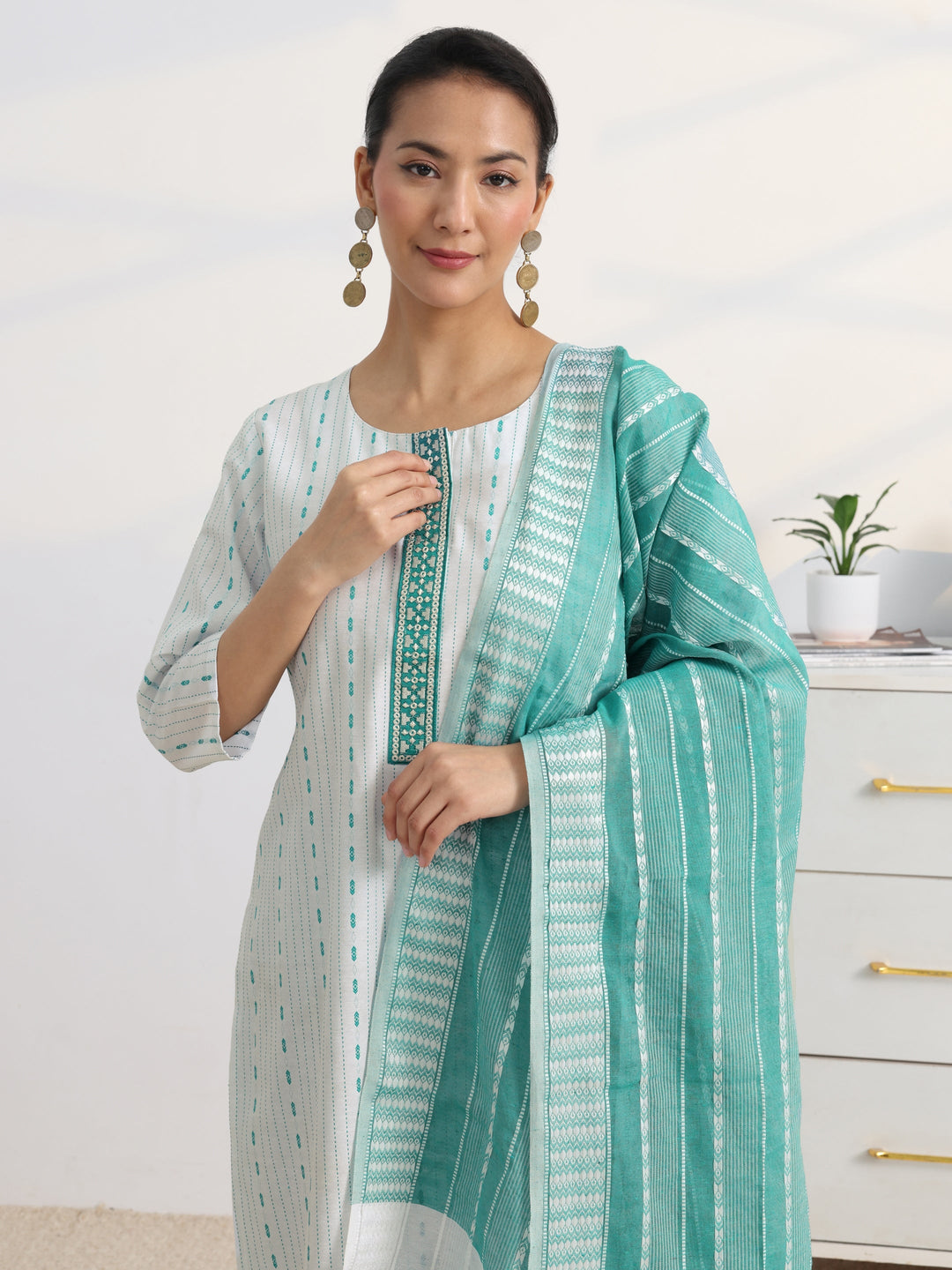  White Striped Woven Design Cotton Blend Straight Suit Set With Dupatta 