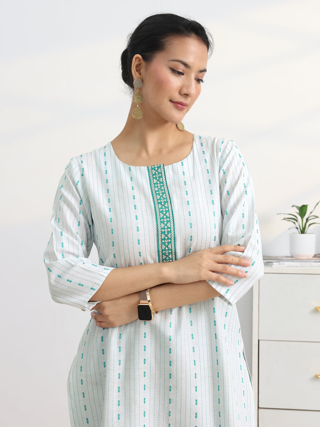  White Striped Woven Design Cotton Blend Straight Suit Set With Dupatta 