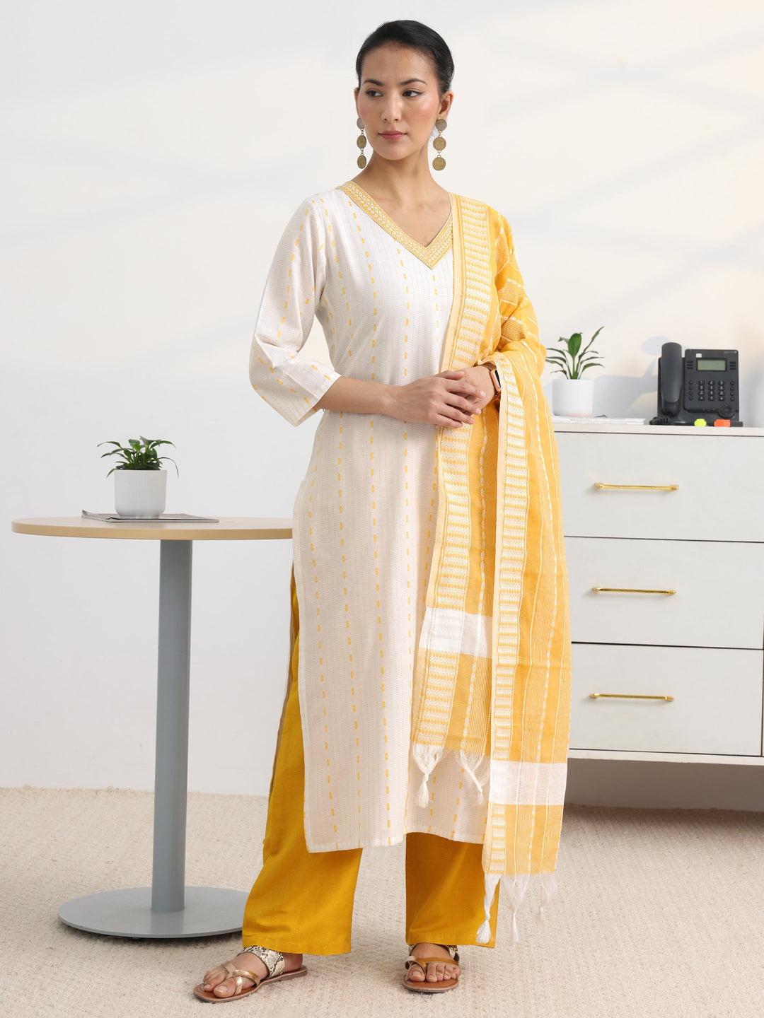  White Striped Woven Design Cotton Blend Straight Suit Set With Dupatta 