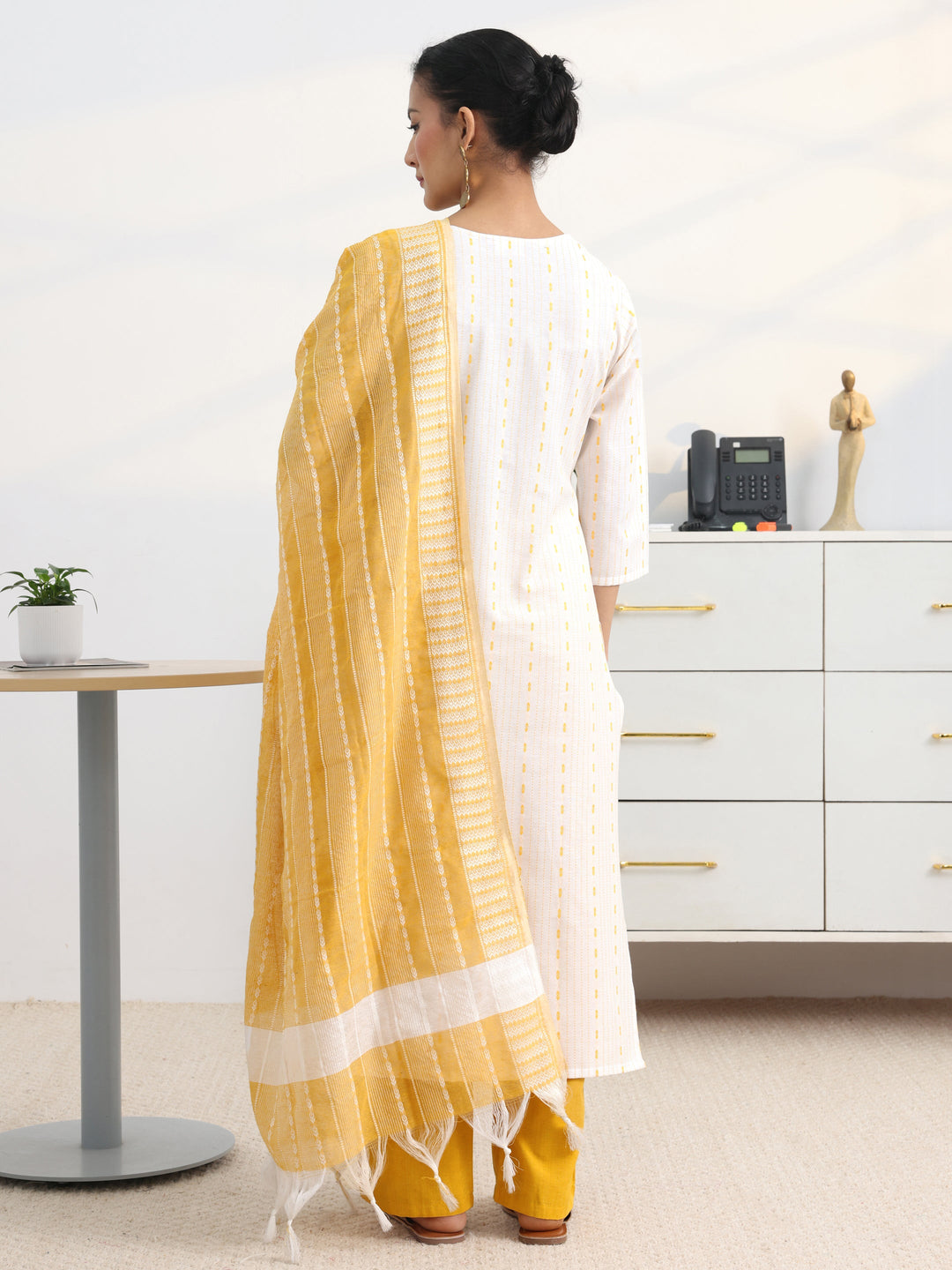  White Striped Woven Design Cotton Blend Straight Suit Set With Dupatta 