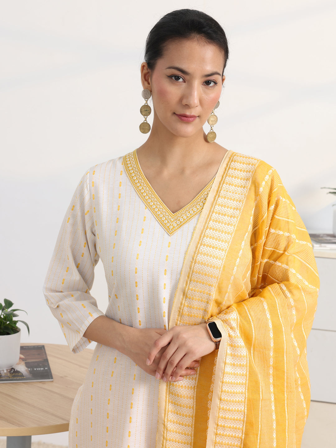  White Striped Woven Design Cotton Blend Straight Suit Set With Dupatta 