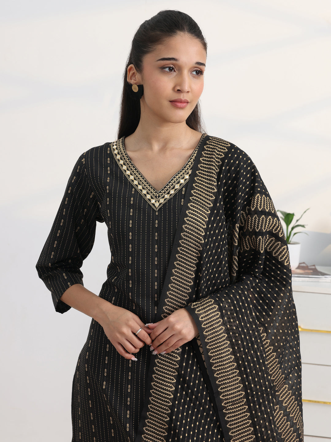  Black Printed Cotton Blend Straight Suit Set With Dupatta 