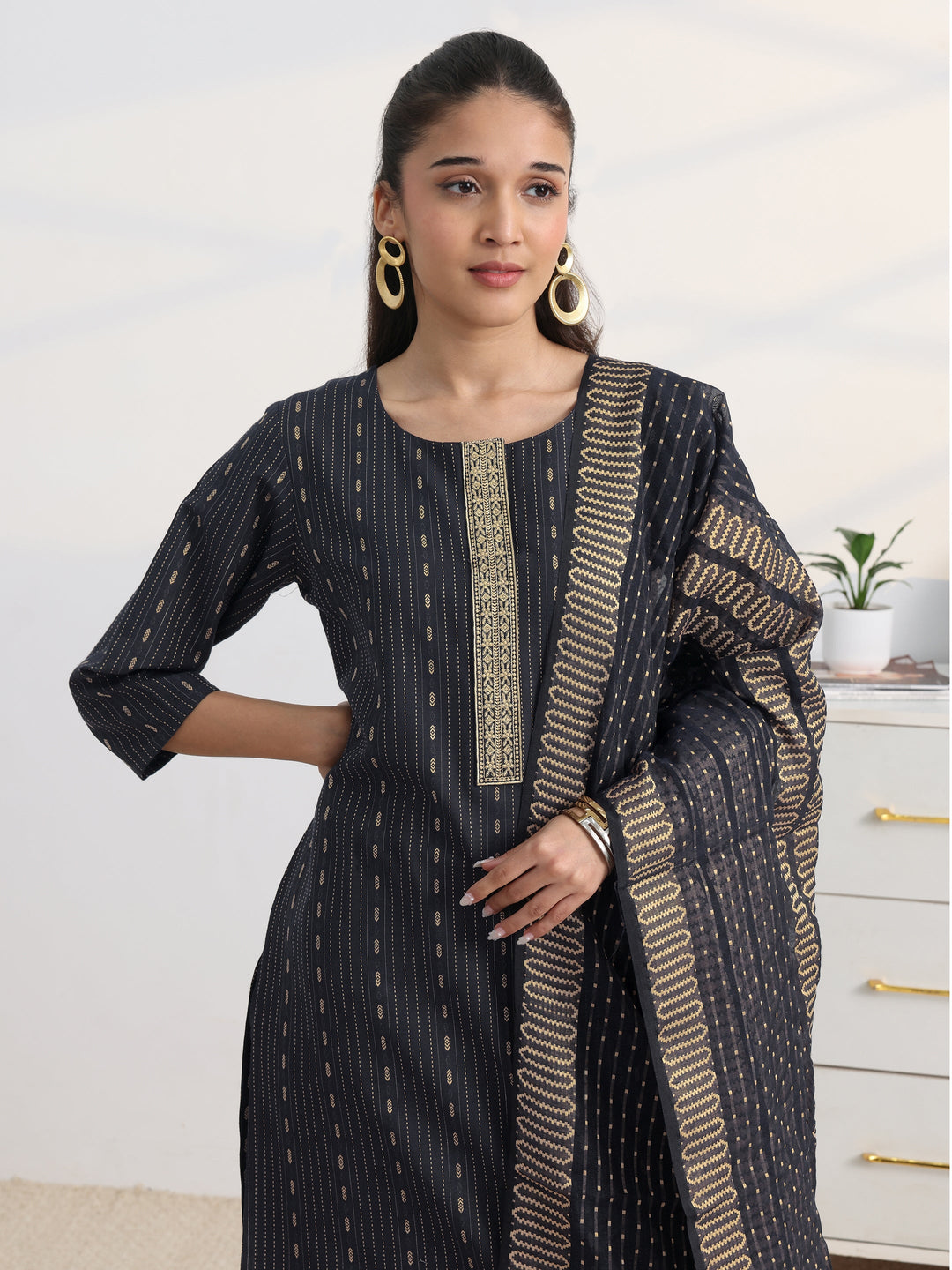  Navy Blue Woven Design Cotton Blend Straight Suit Set With Dupatta 