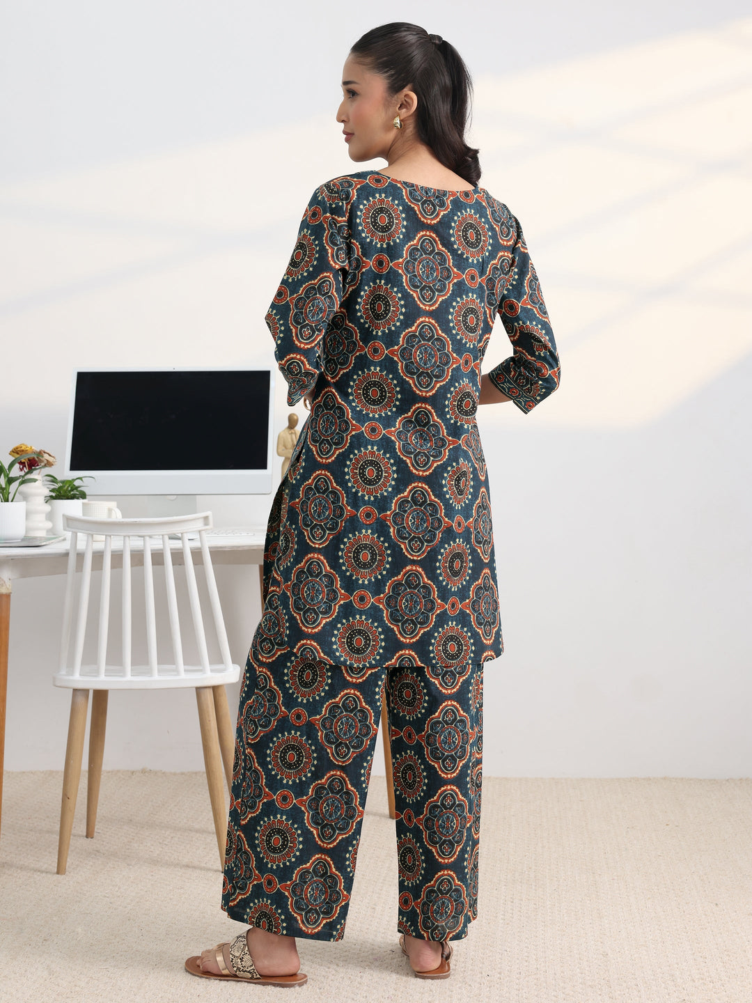  Blue Printed Cotton Blend Straight Kurta Set 