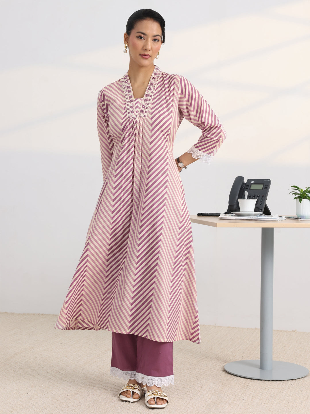 Purple Chevron Printed Cotton Blend A-Line Kurta Set 
