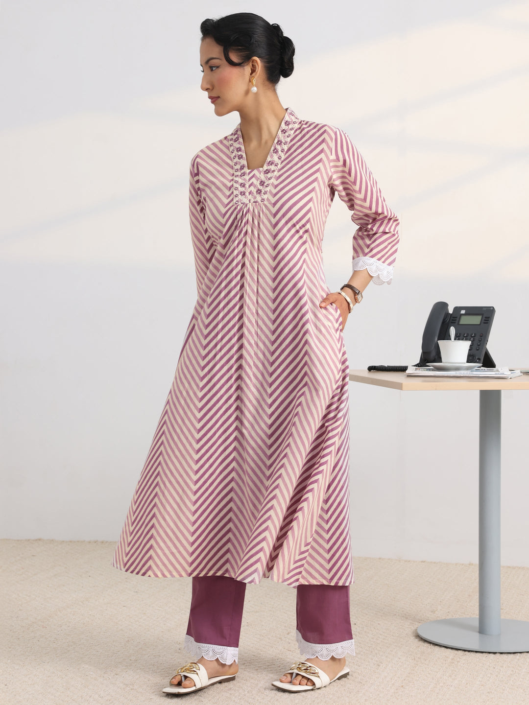  Purple Chevron Printed Cotton Blend A-Line Kurta Set 
