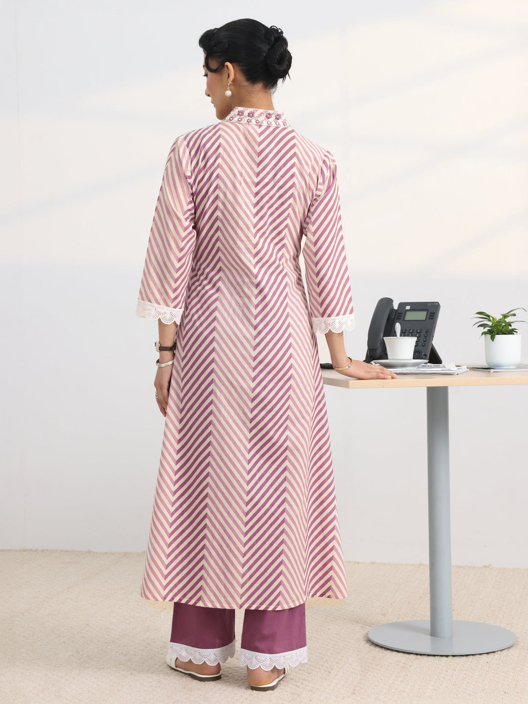  Purple Chevron Printed Cotton Blend A-Line Kurta Set 