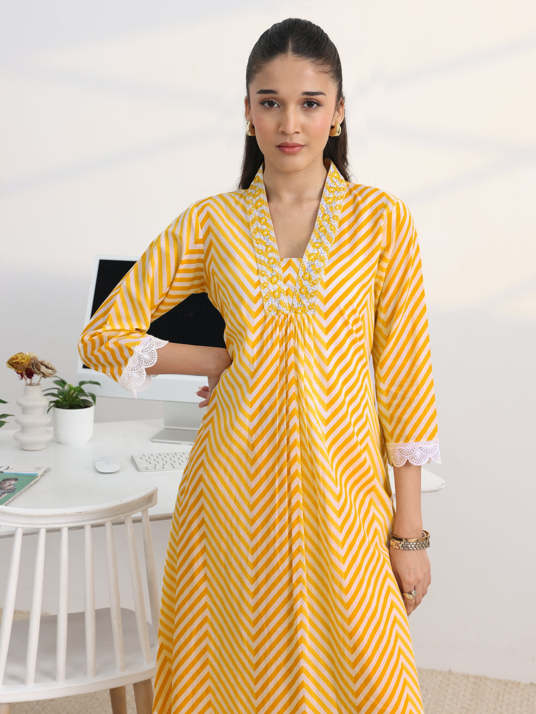  Yellow Chevron Printed Cotton Blend A-Line Kurta Set 