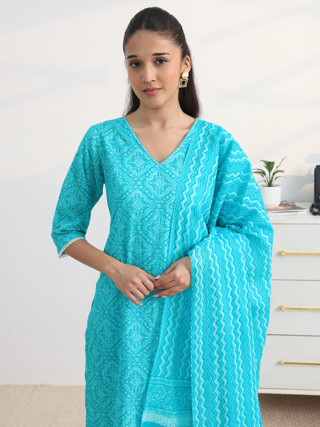  Blue Ethnic Printed Cotton Blend Straight Suit Set With Dupatta 