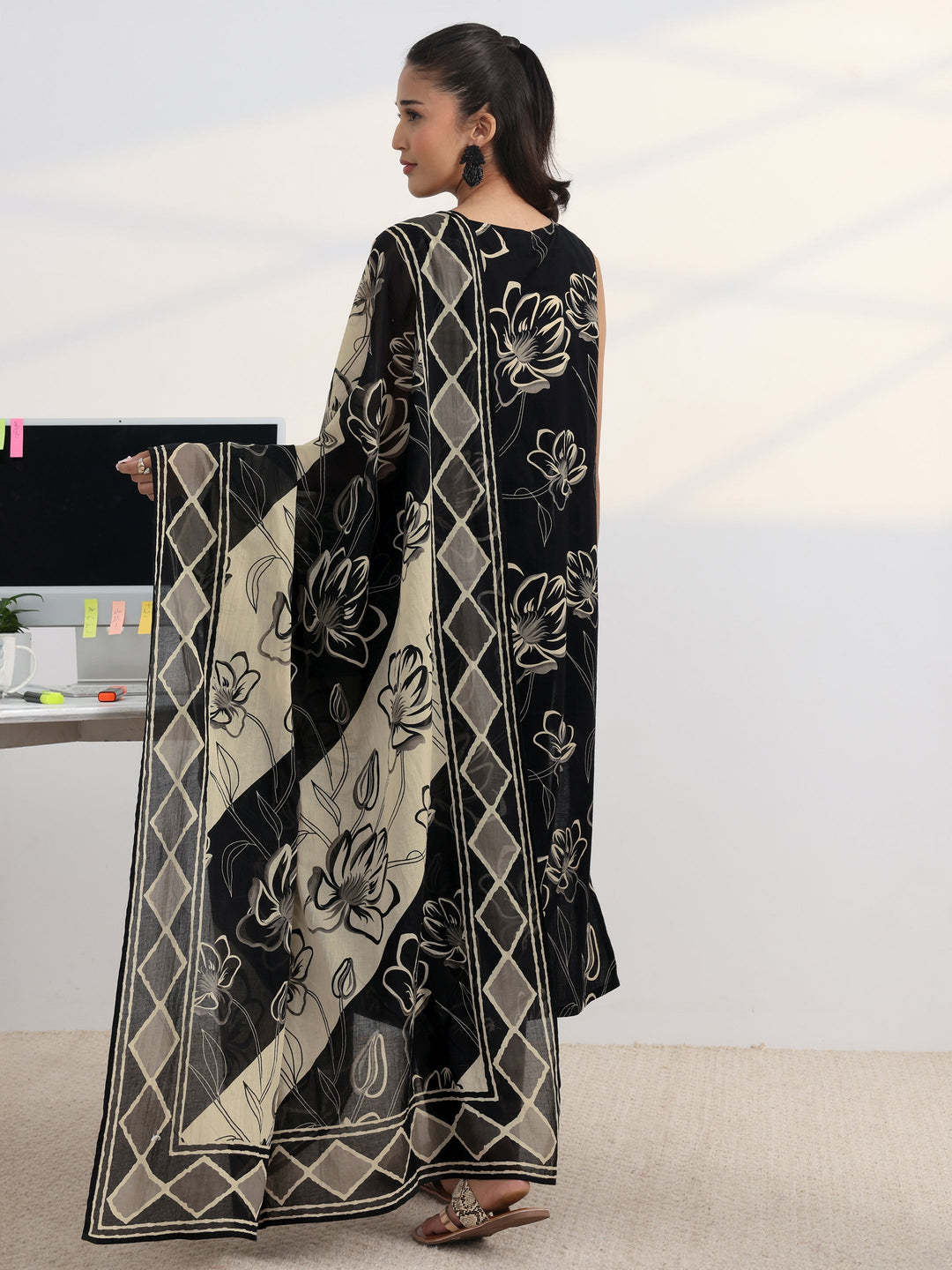  Black Floral Printed Cotton Blend Straight Suit Set With Dupatta 