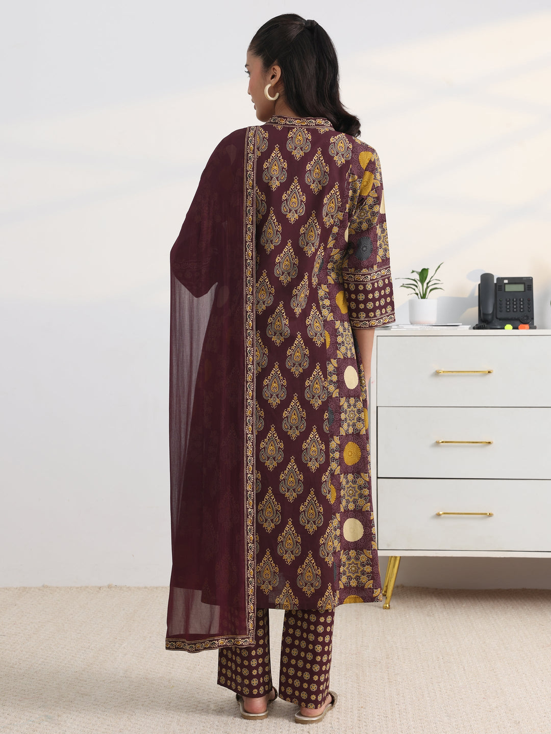  Burgundy Printed Cotton Blend A-Line Suit Set With Dupatta 