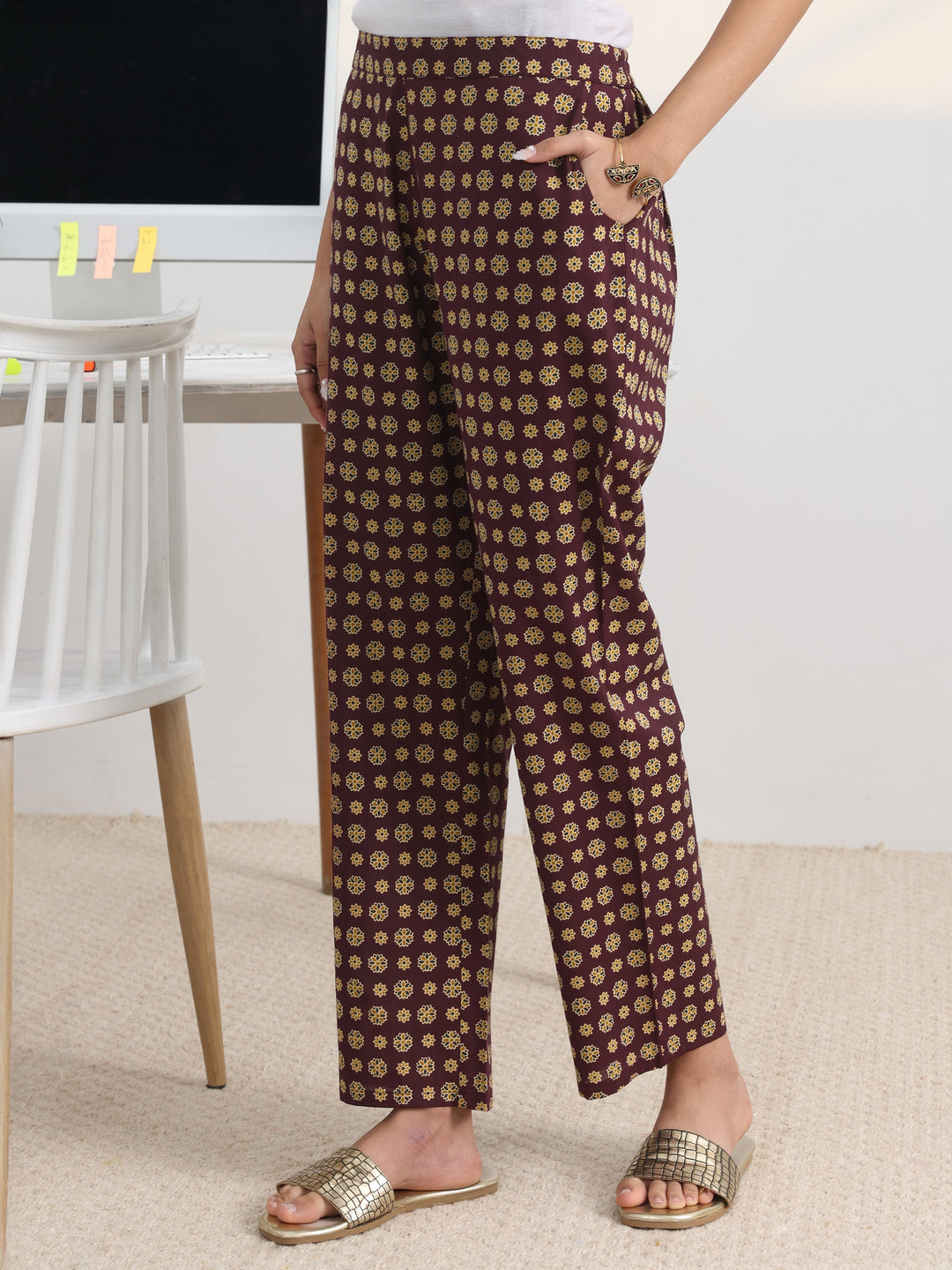  Burgundy Printed Cotton Blend A-Line Suit Set With Dupatta 