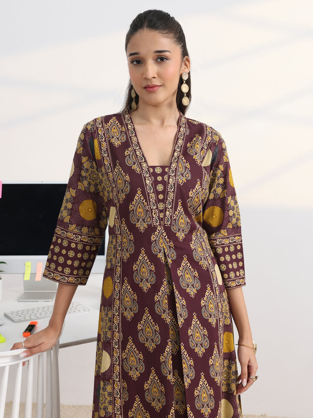  Burgundy Printed Cotton Blend A-Line Suit Set With Dupatta 