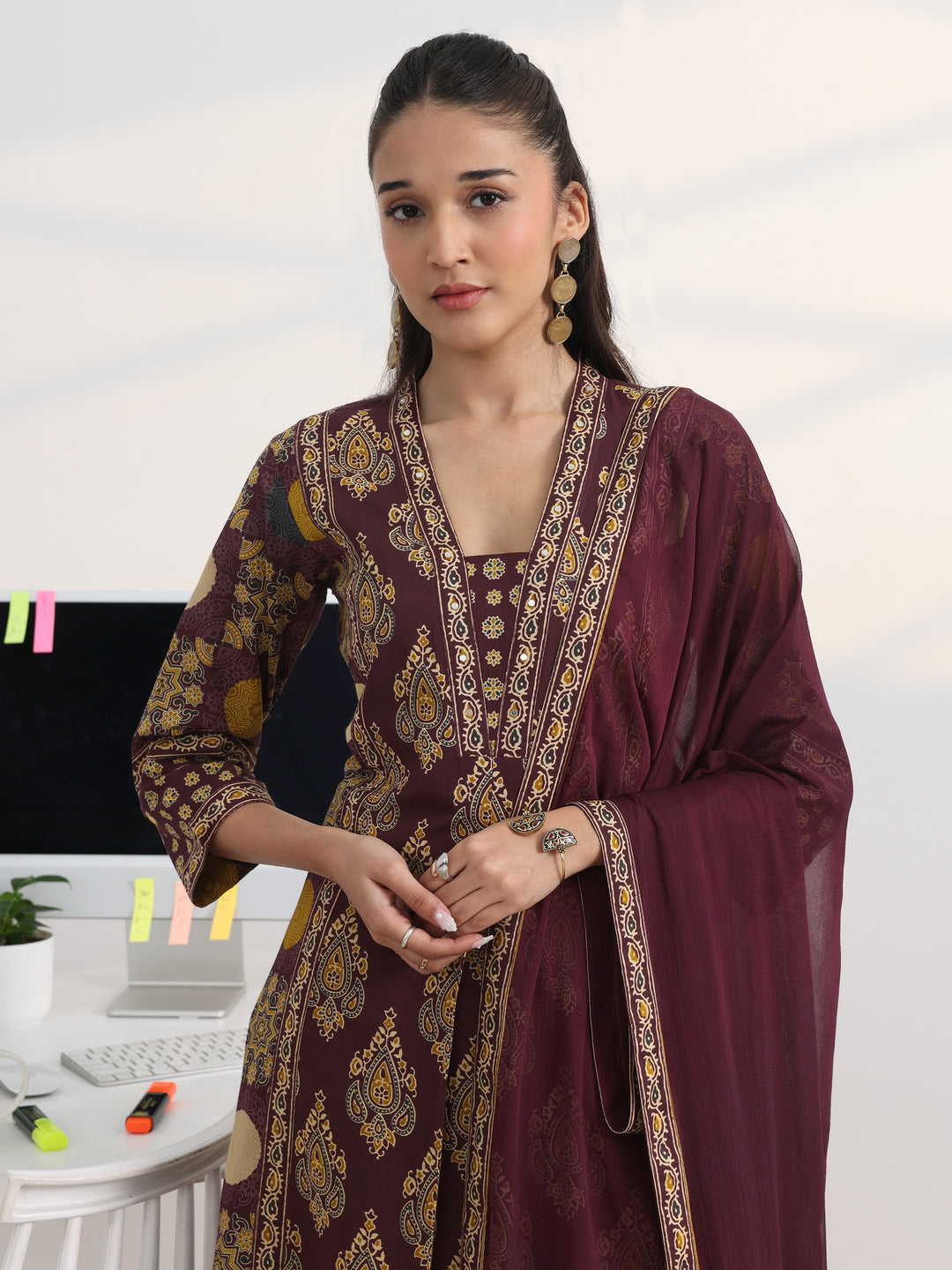  Burgundy Printed Cotton Blend A-Line Suit Set With Dupatta 
