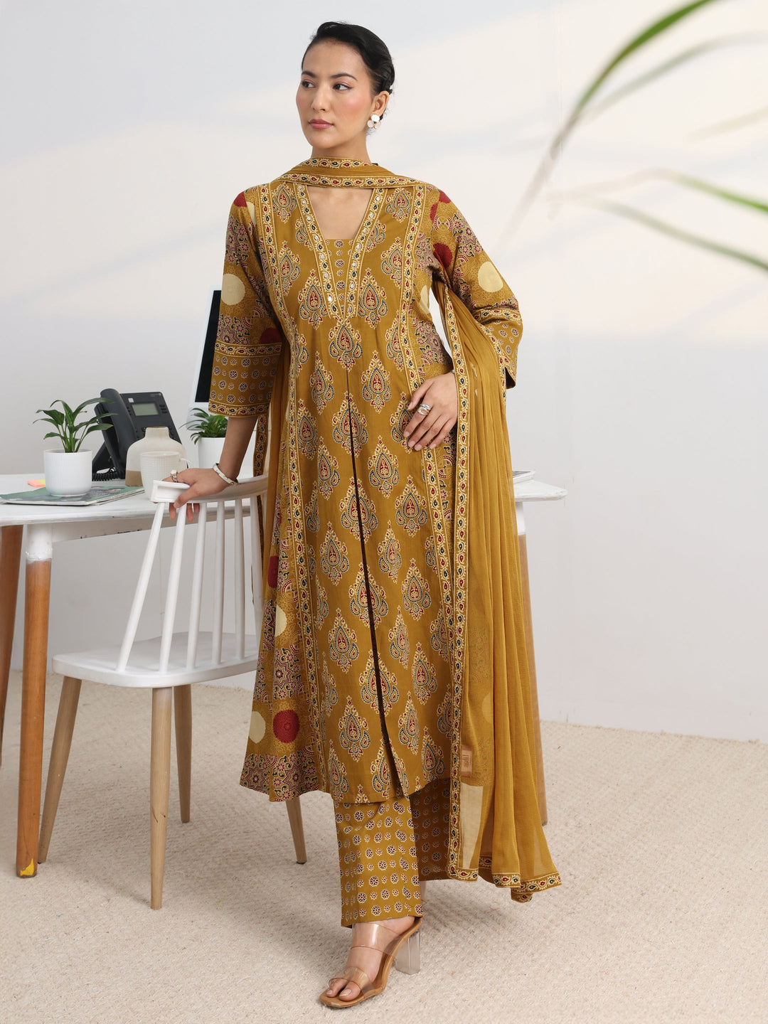  Mustard Printed Cotton Blend A-Line Suit Set With Dupatta 