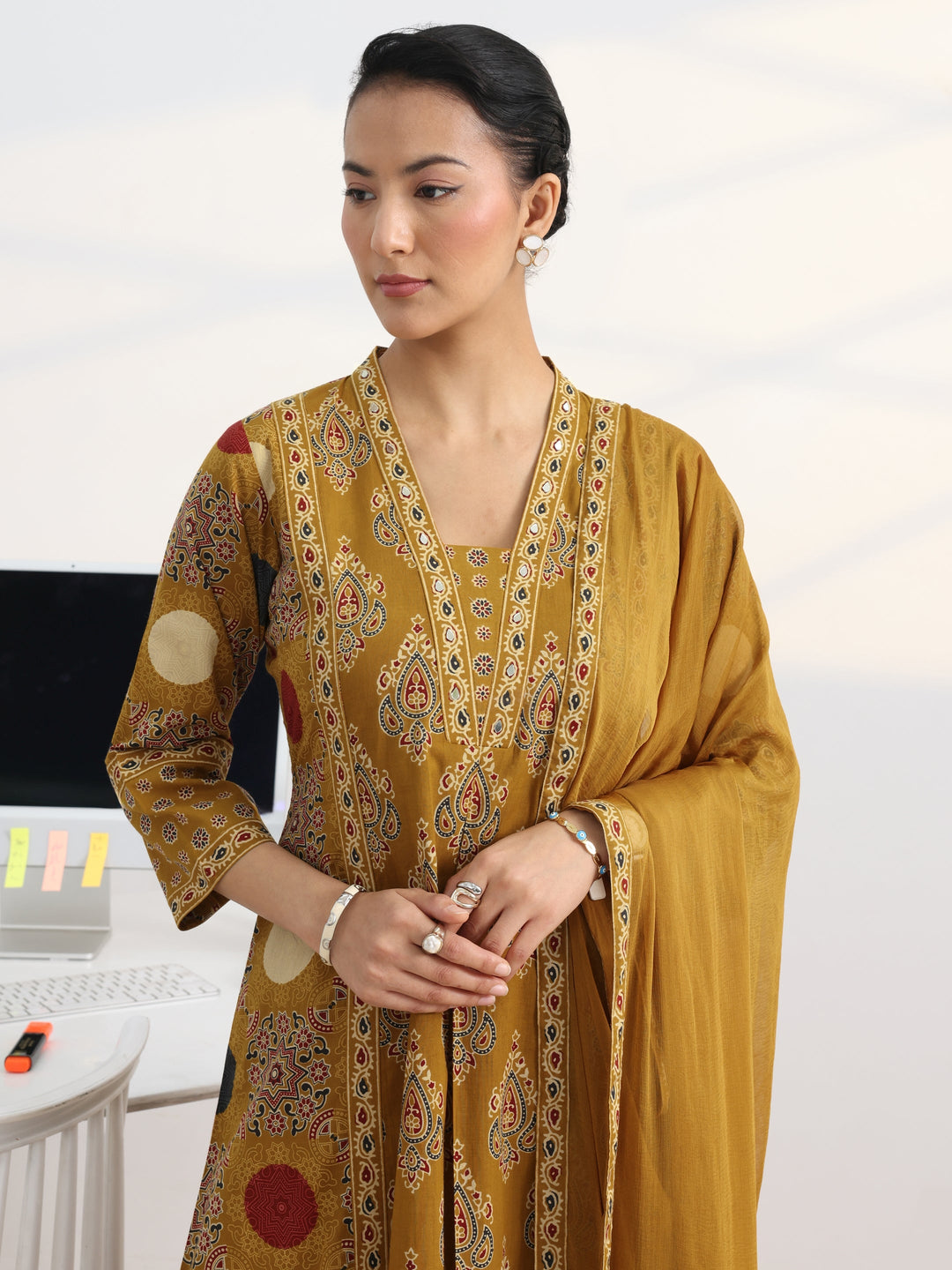  Mustard Printed Cotton Blend A-Line Suit Set With Dupatta 