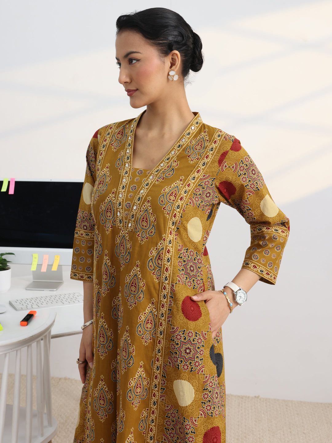  Mustard Printed Cotton Blend A-Line Suit Set With Dupatta 