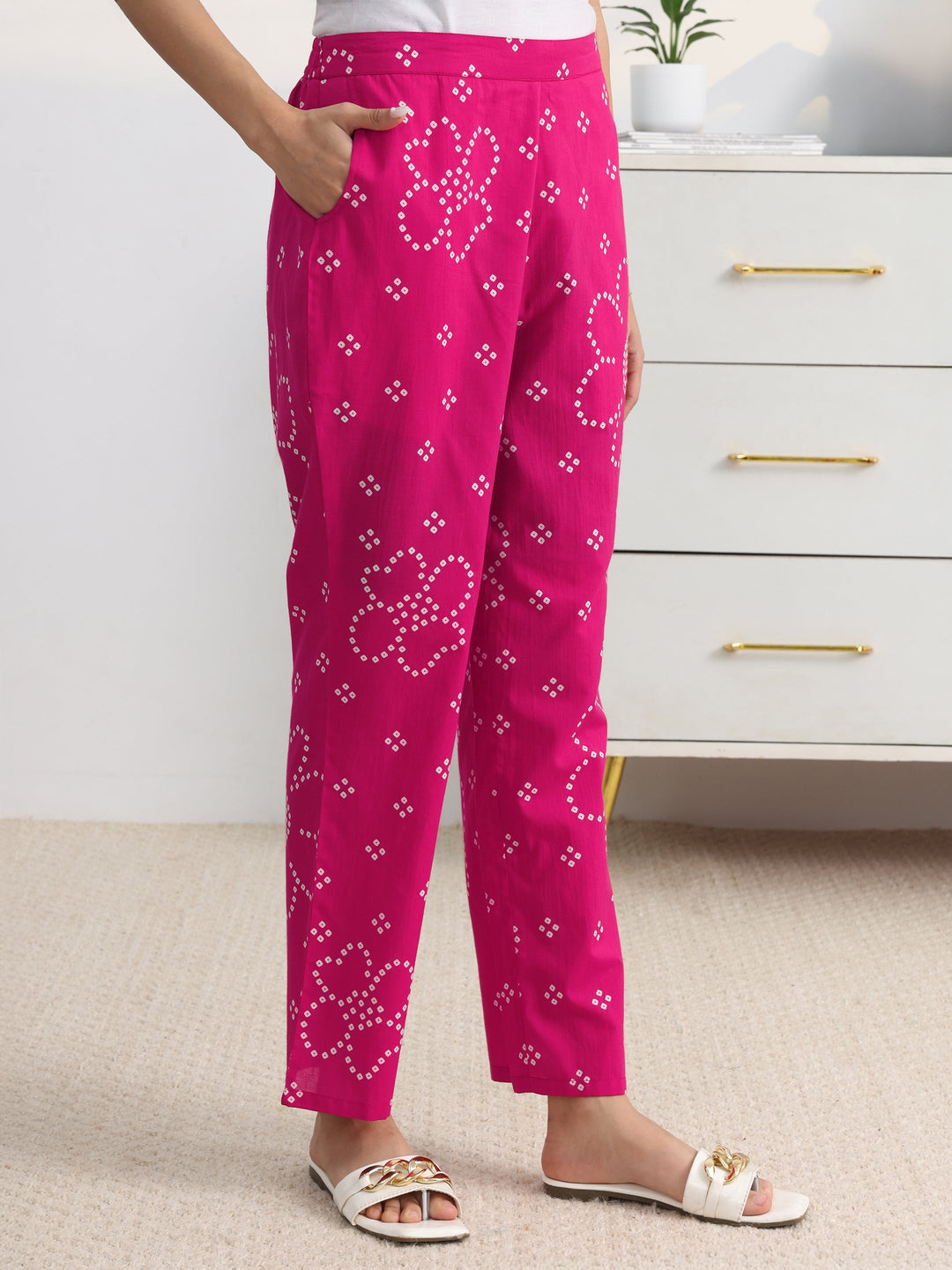  Pink Bandhani Printed Cotton Blend A-Line Suit Set With Dupatta 